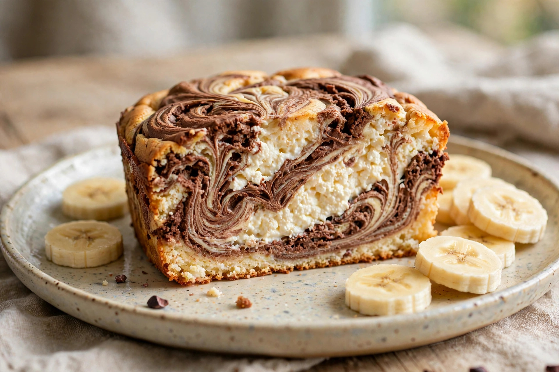 Slice of marbled banana and cocoa cottage cheese bake on a plate