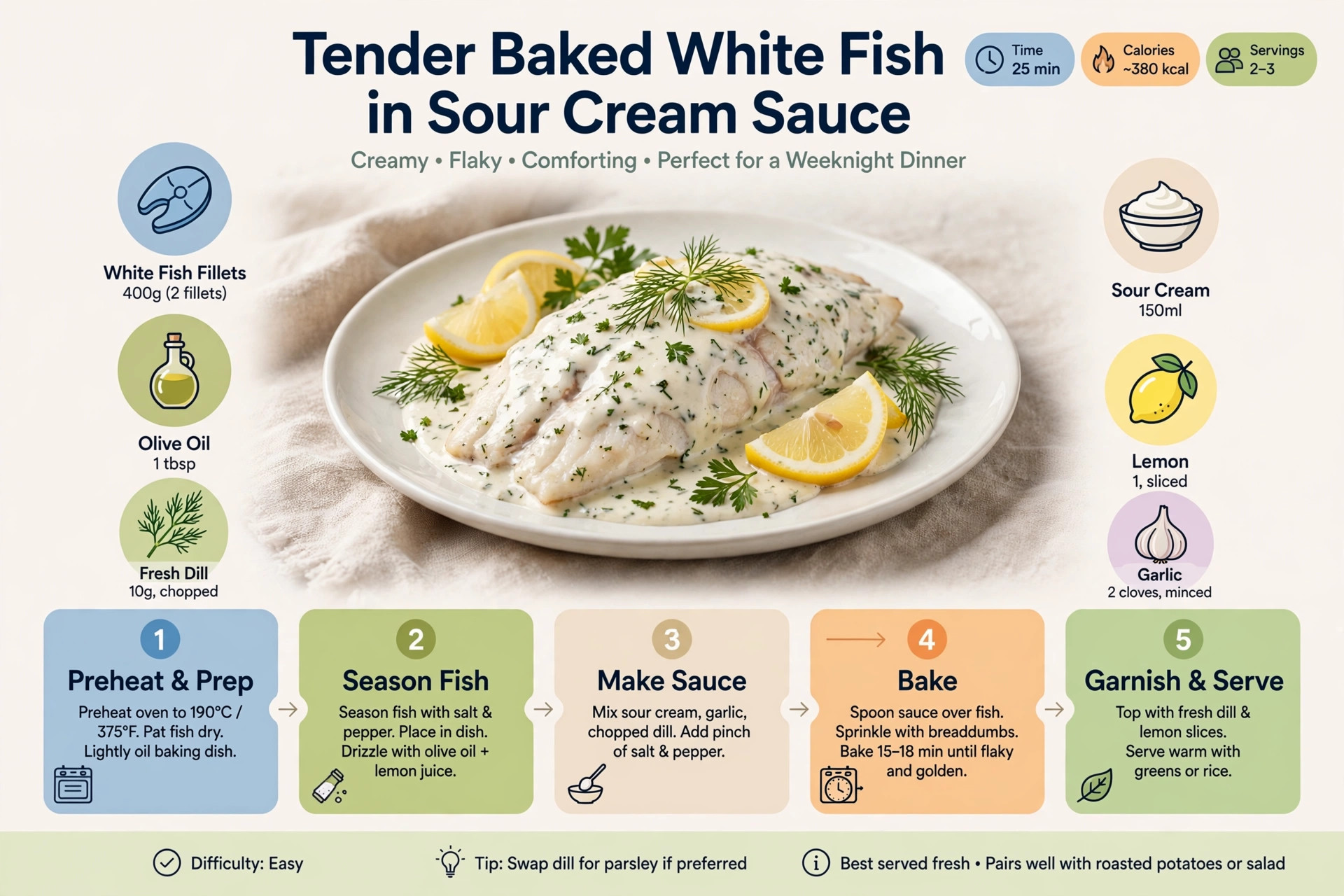 Recipe infographic: Tender Baked White Fish in Sour Cream Sauce — ingredients and step-by-step visual guide