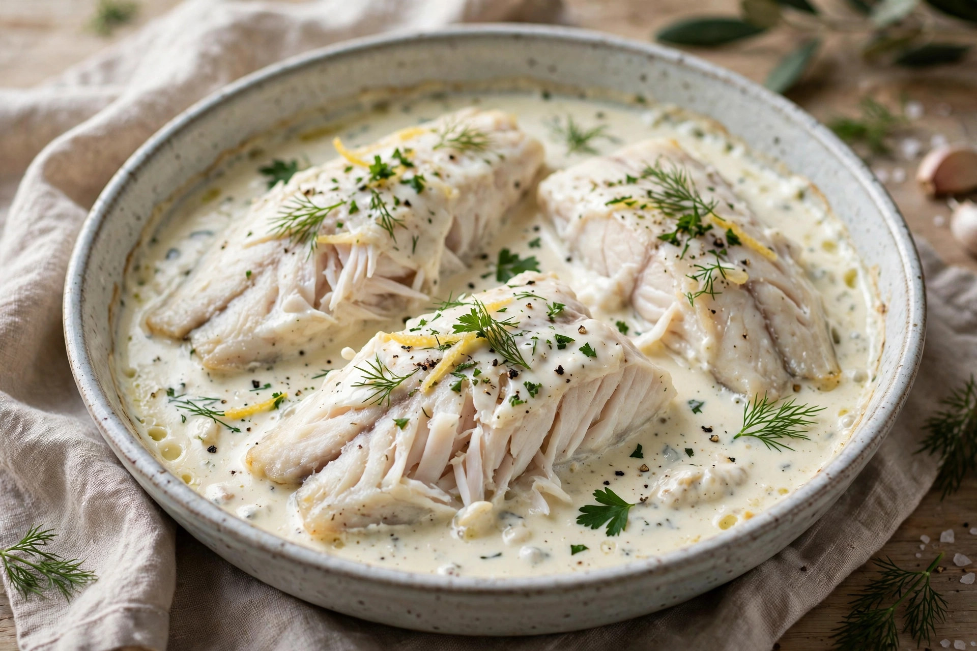 Baked white fish fillets in a golden sour cream sauce topped with melted cheese in a baking dish