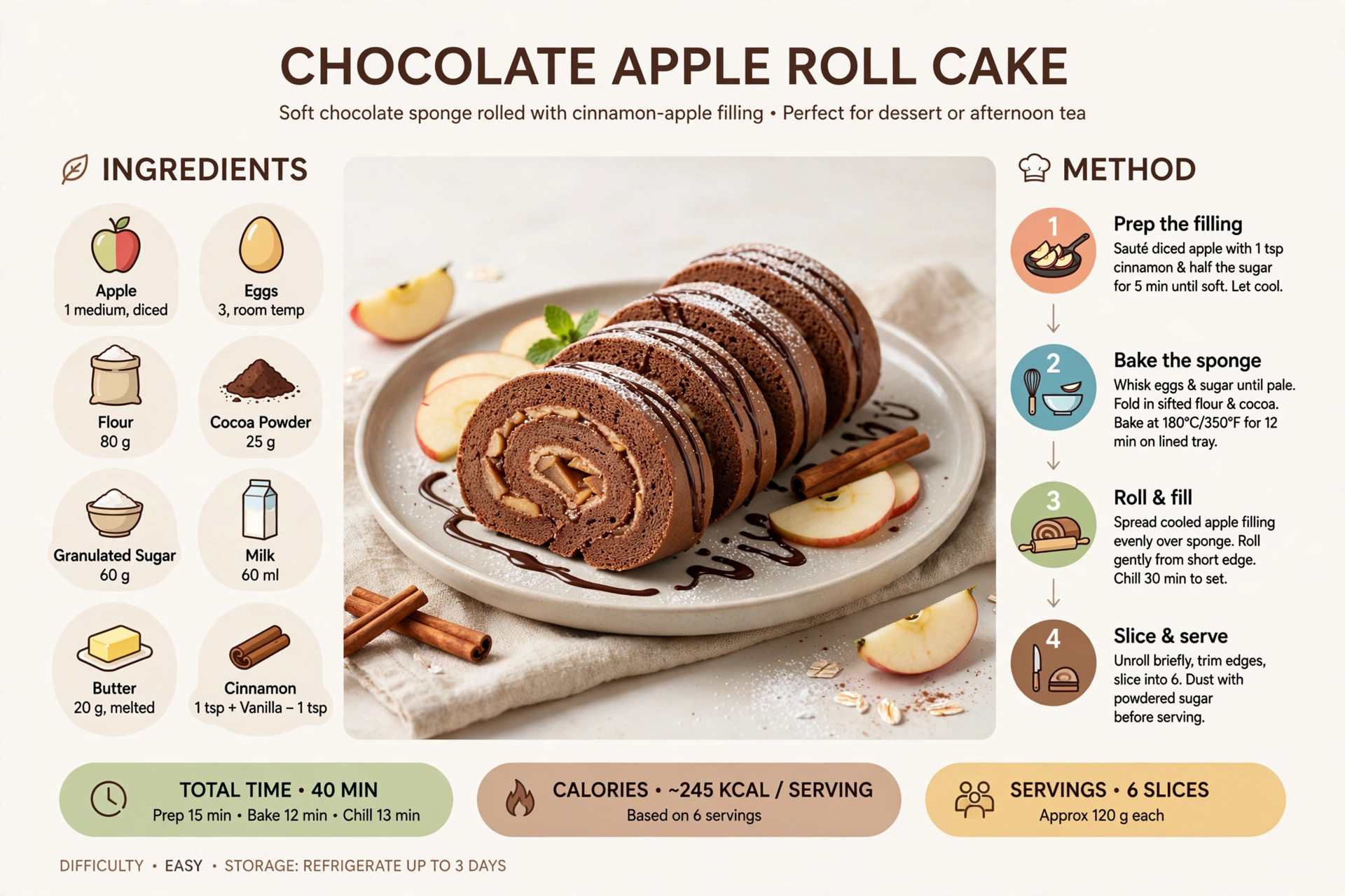 Recipe infographic: Chocolate Apple Roll Cake — ingredients and step-by-step visual guide