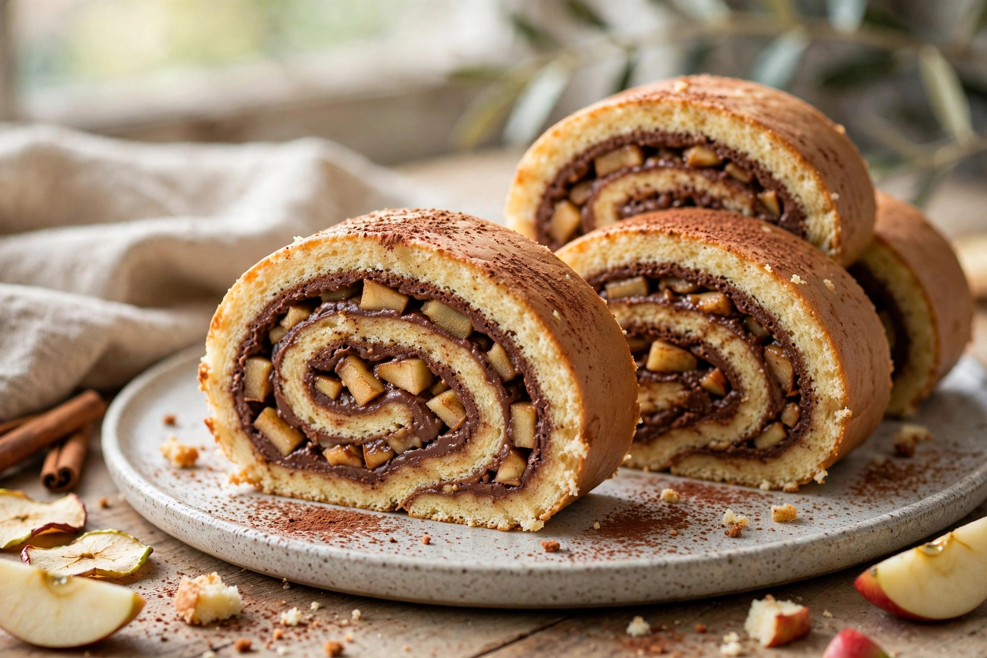 Slices of chocolate apple roll cake showing the swirl of apple filling and chocolate cream