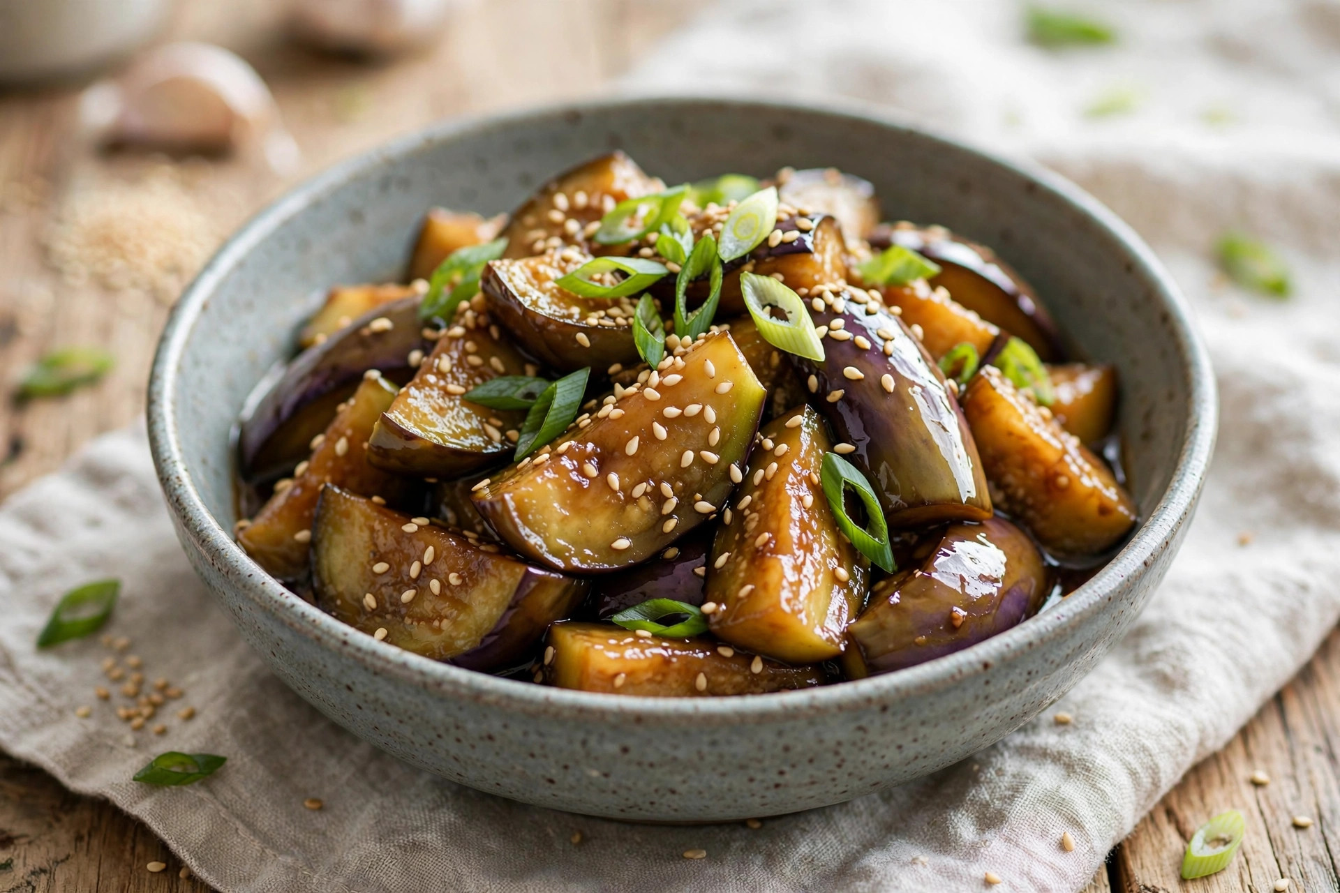 Korean-style marinated eggplant salad with bell peppers and sesame seeds in a bowl