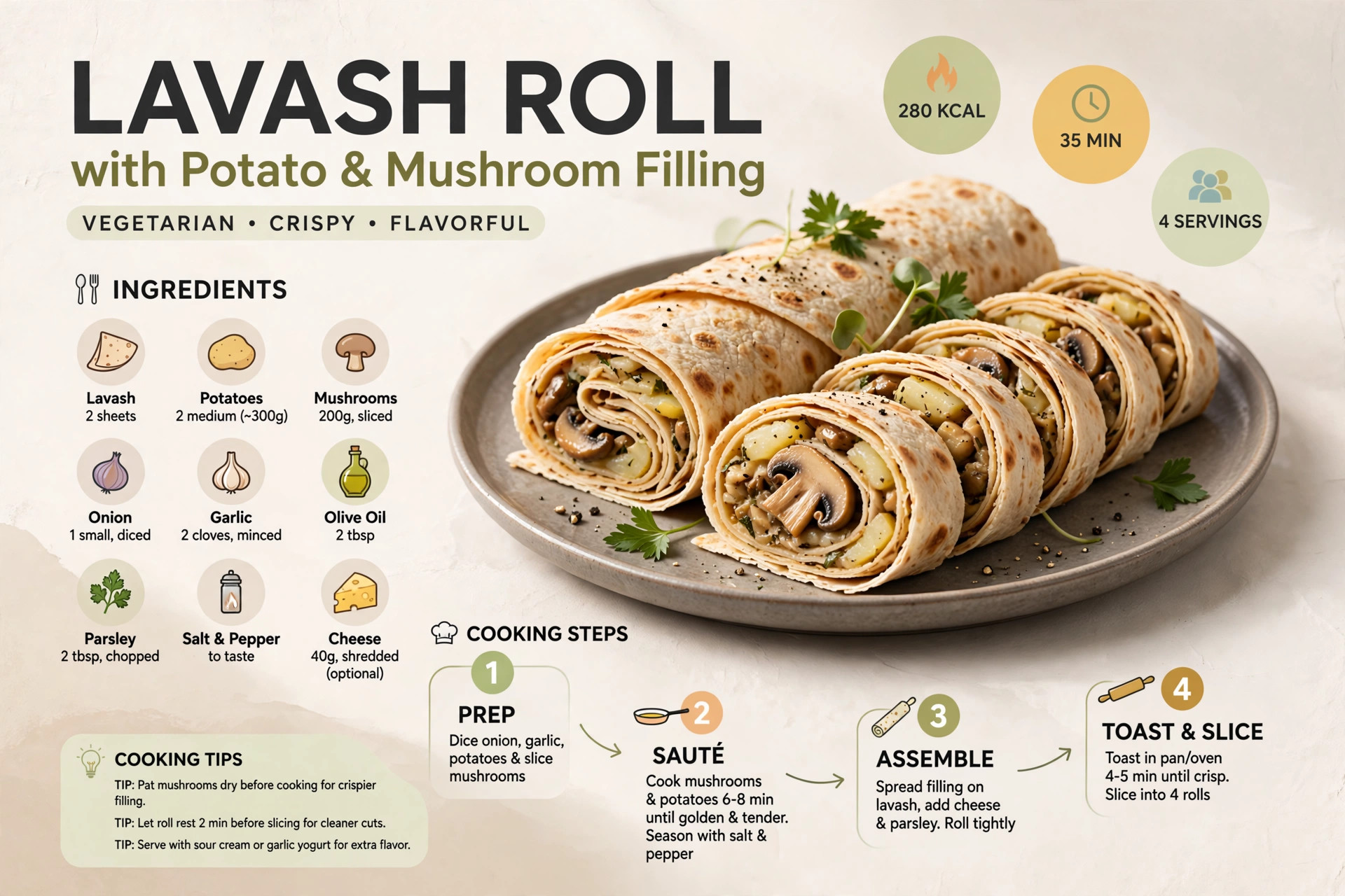 Recipe infographic: Lavash Roll with Potato and Mushroom Filling — ingredients and step-by-step visual guide