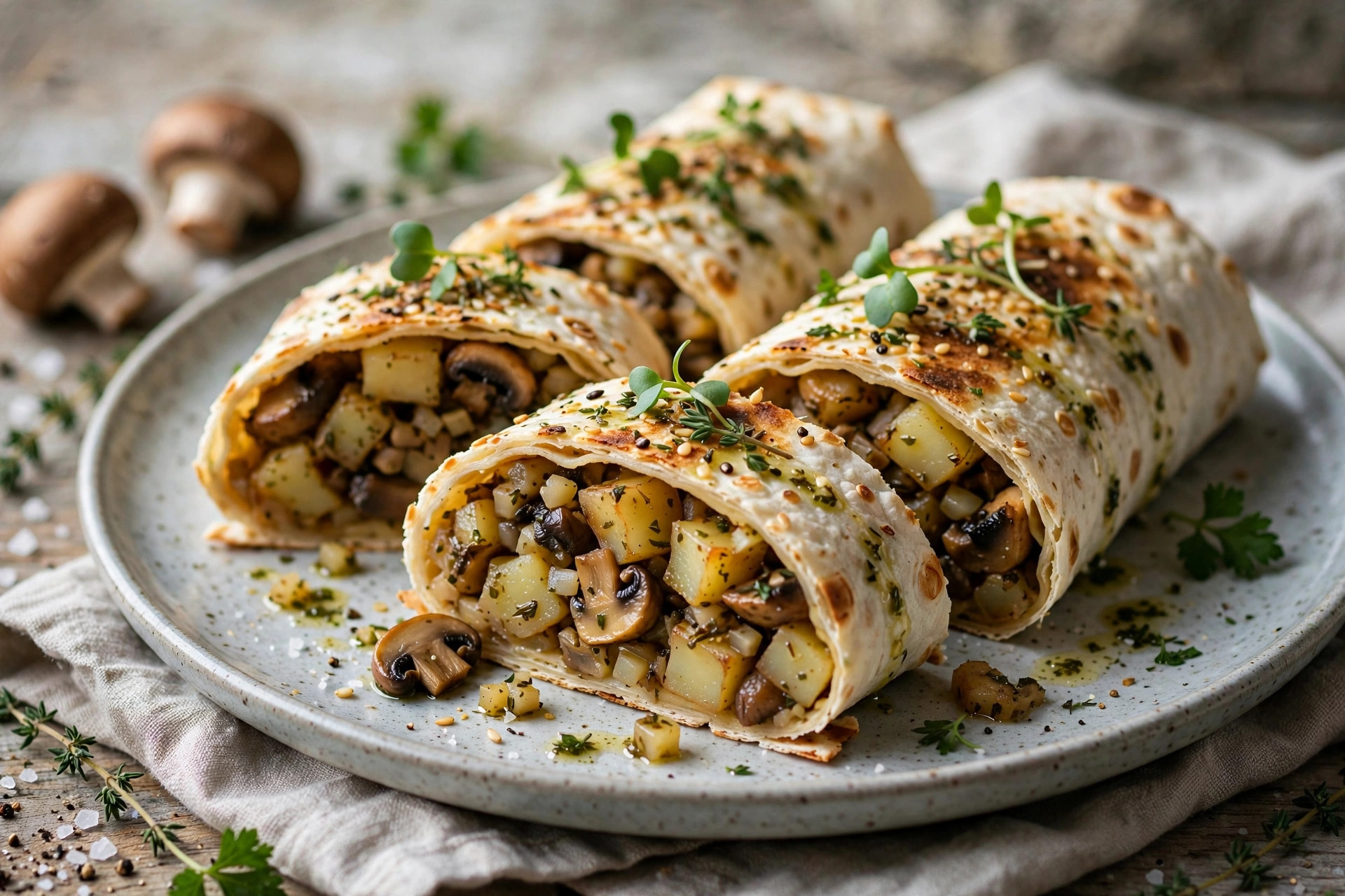 Golden pan-fried lavash roll slices with potato and mushroom filling arranged on a plate