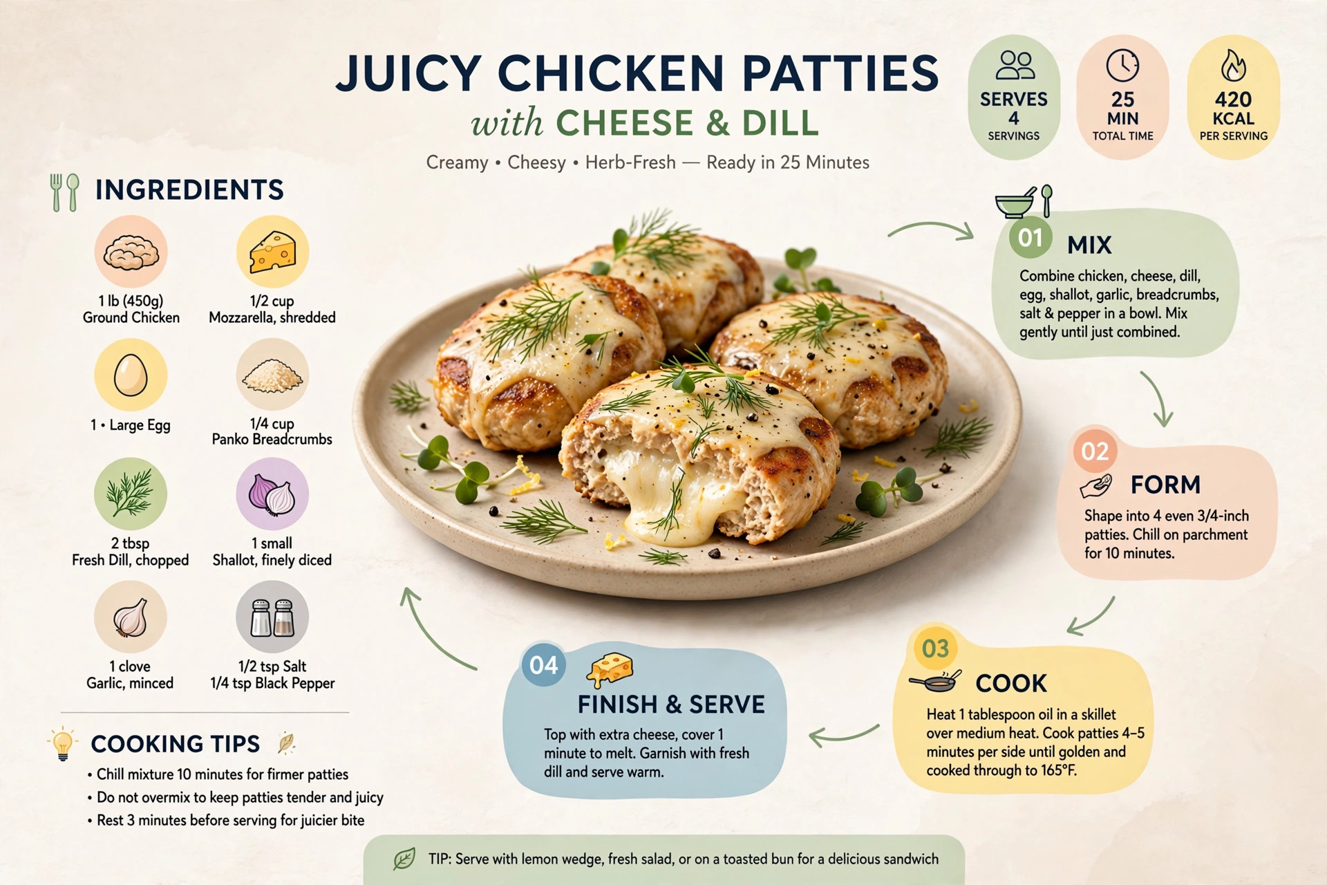 Recipe infographic: Juicy Chicken Patties with Cheese and Dill — ingredients and step-by-step visual guide