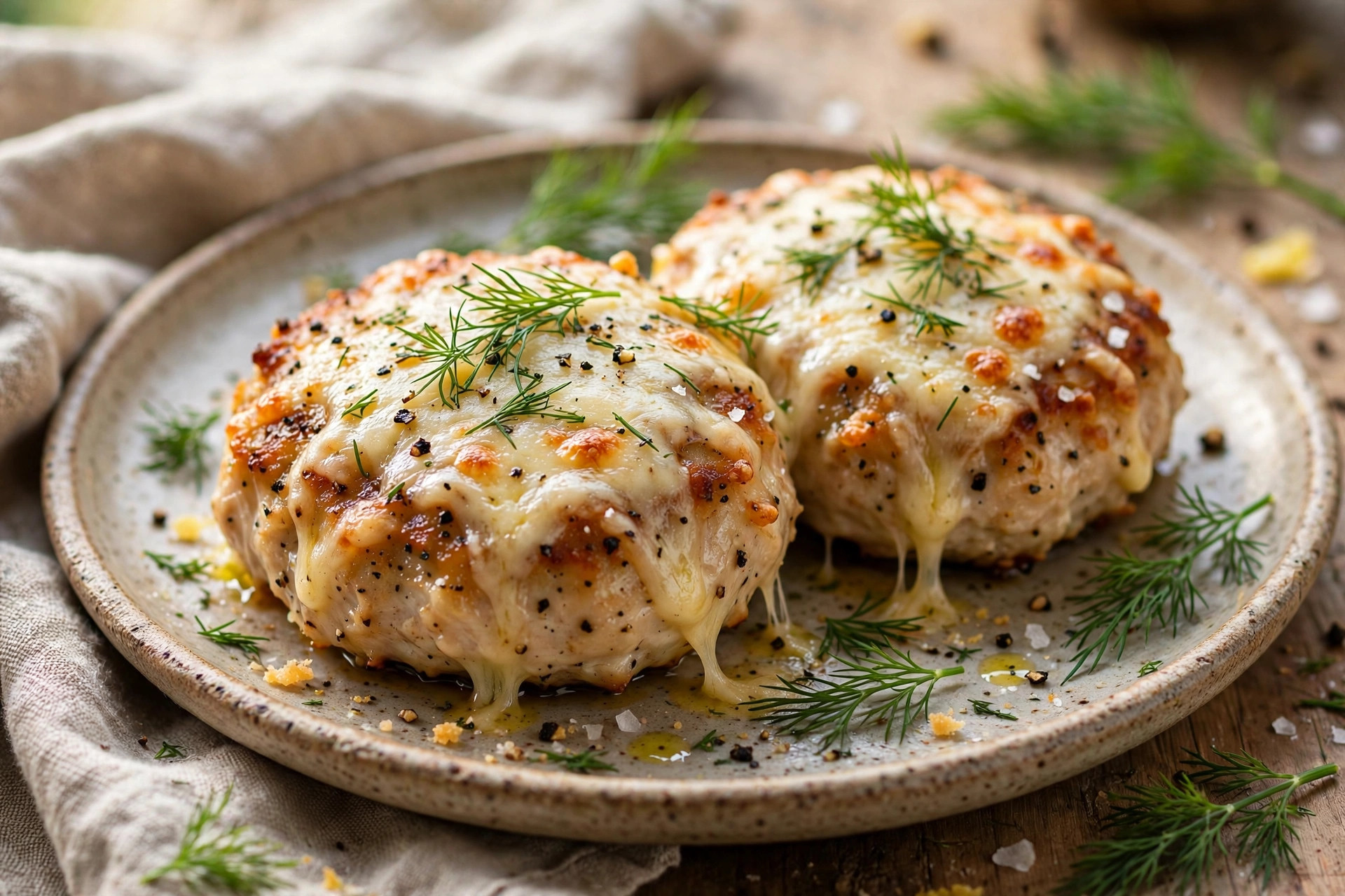 Golden juicy chicken patties with cheese and dill cooking in a skillet