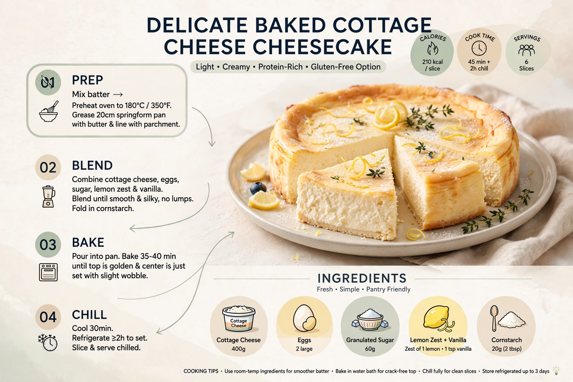 Recipe infographic: Delicate Baked Cottage Cheese Cheesecake — ingredients and step-by-step visual guide