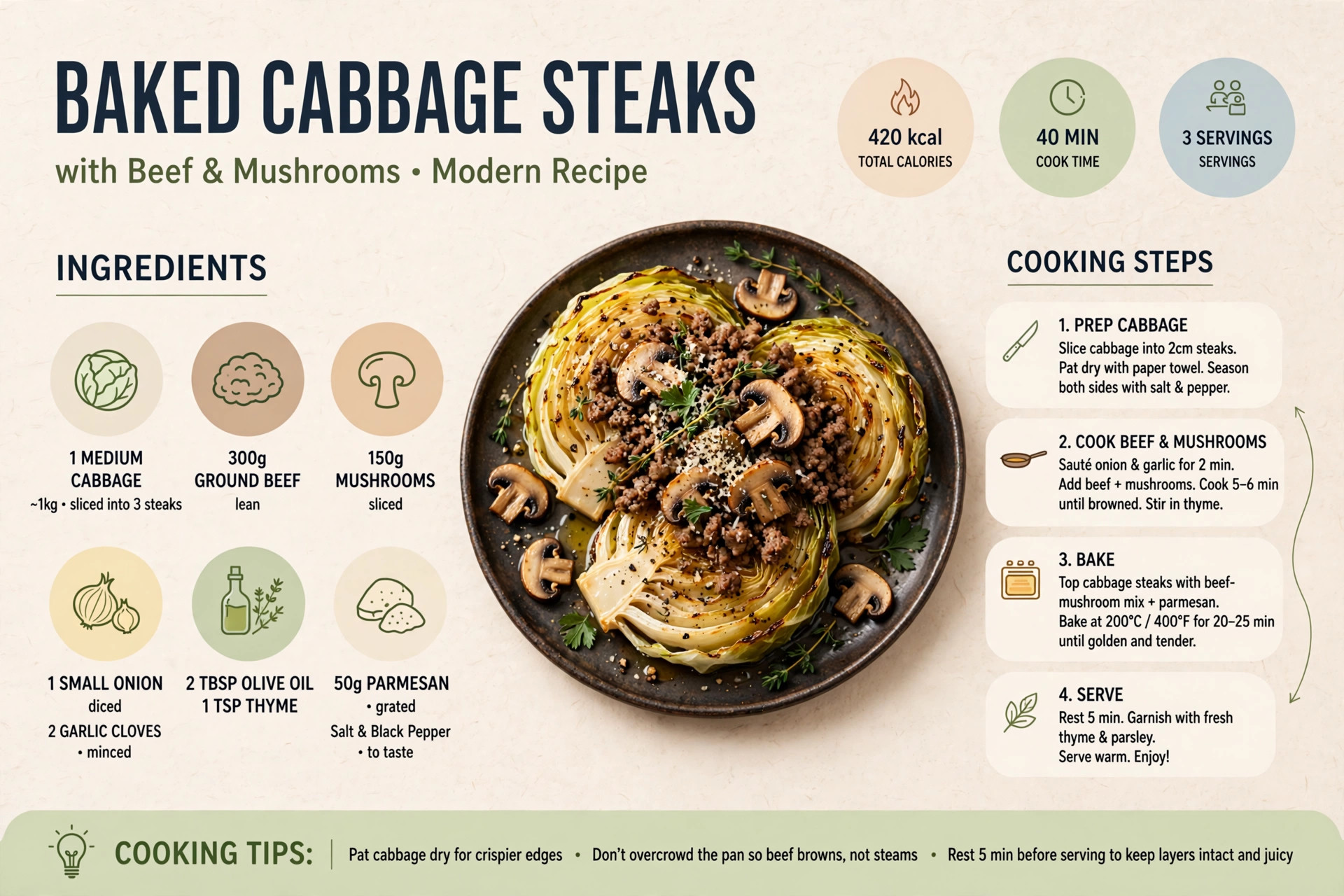 Recipe infographic: Baked Cabbage Steaks with Beef and Mushrooms — ingredients and step-by-step visual guide