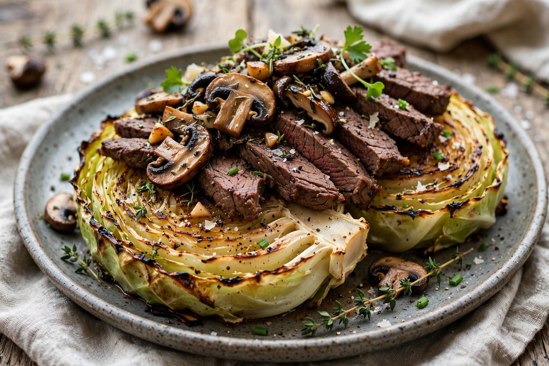 Baked cabbage steaks topped with beef, mushrooms and melted cheese on a baking sheet