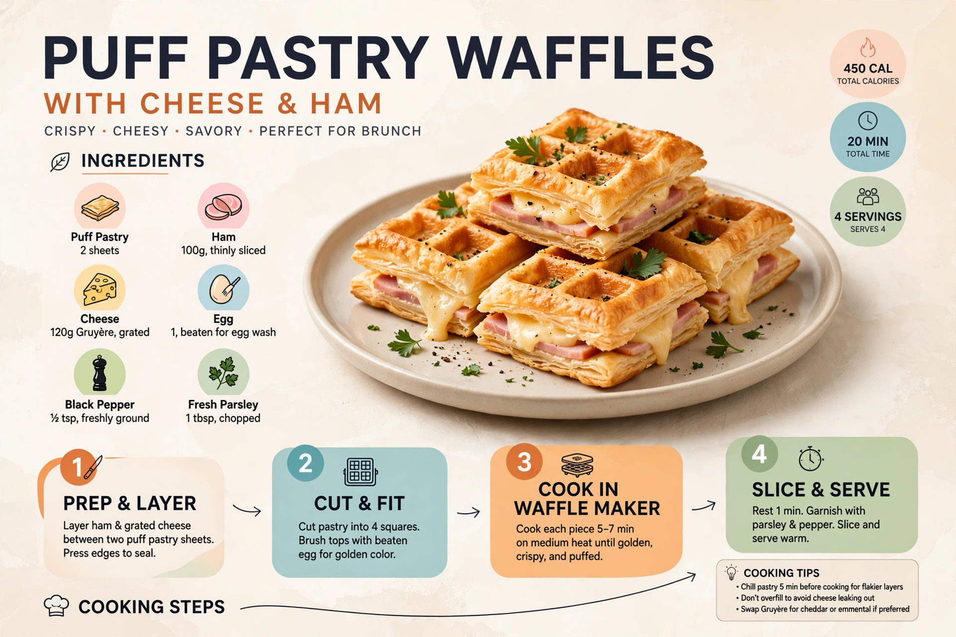 Recipe infographic: Puff Pastry Waffles with Cheese and Ham — ingredients and step-by-step visual guide