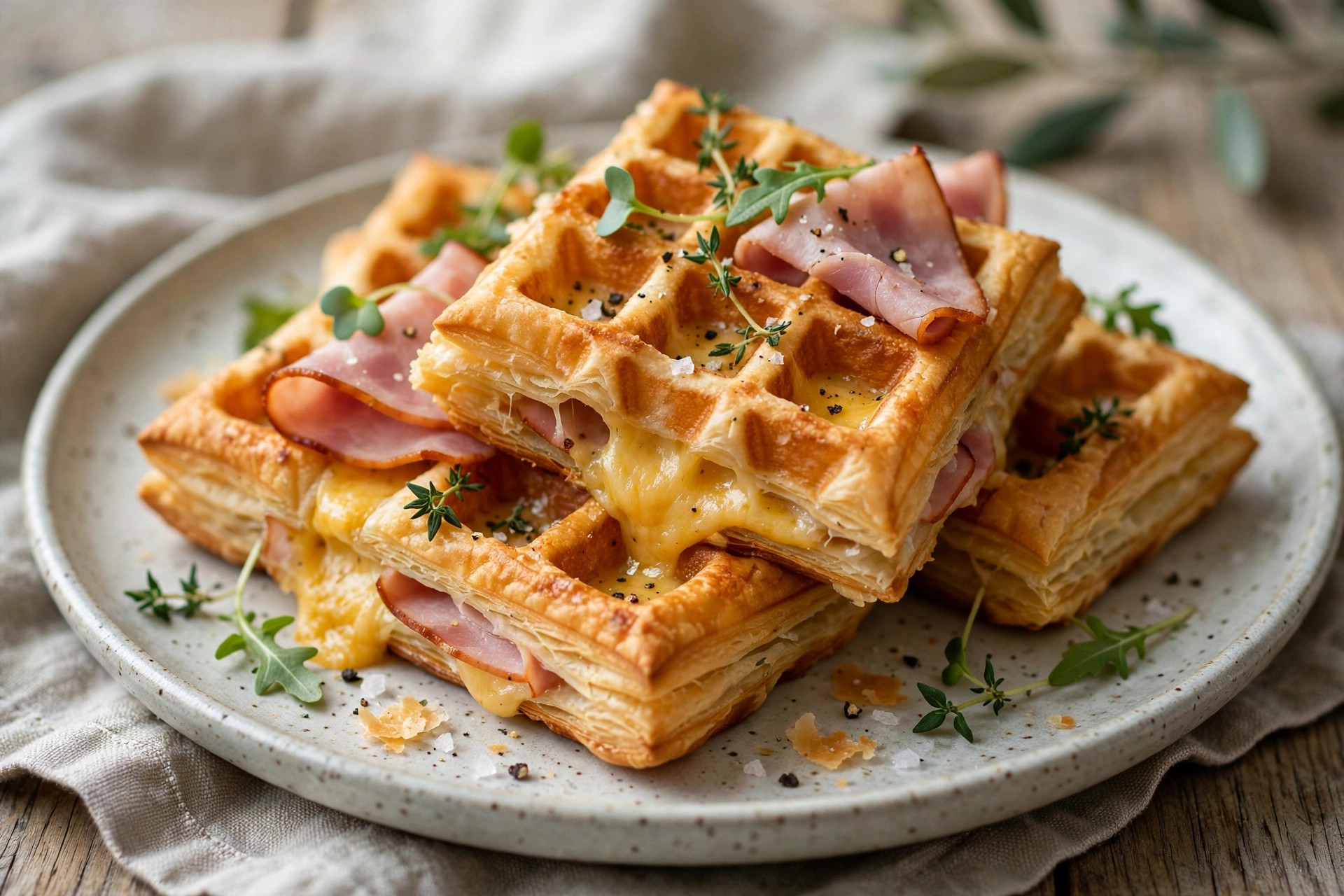 Golden puff pastry waffles filled with melted cheese and ham