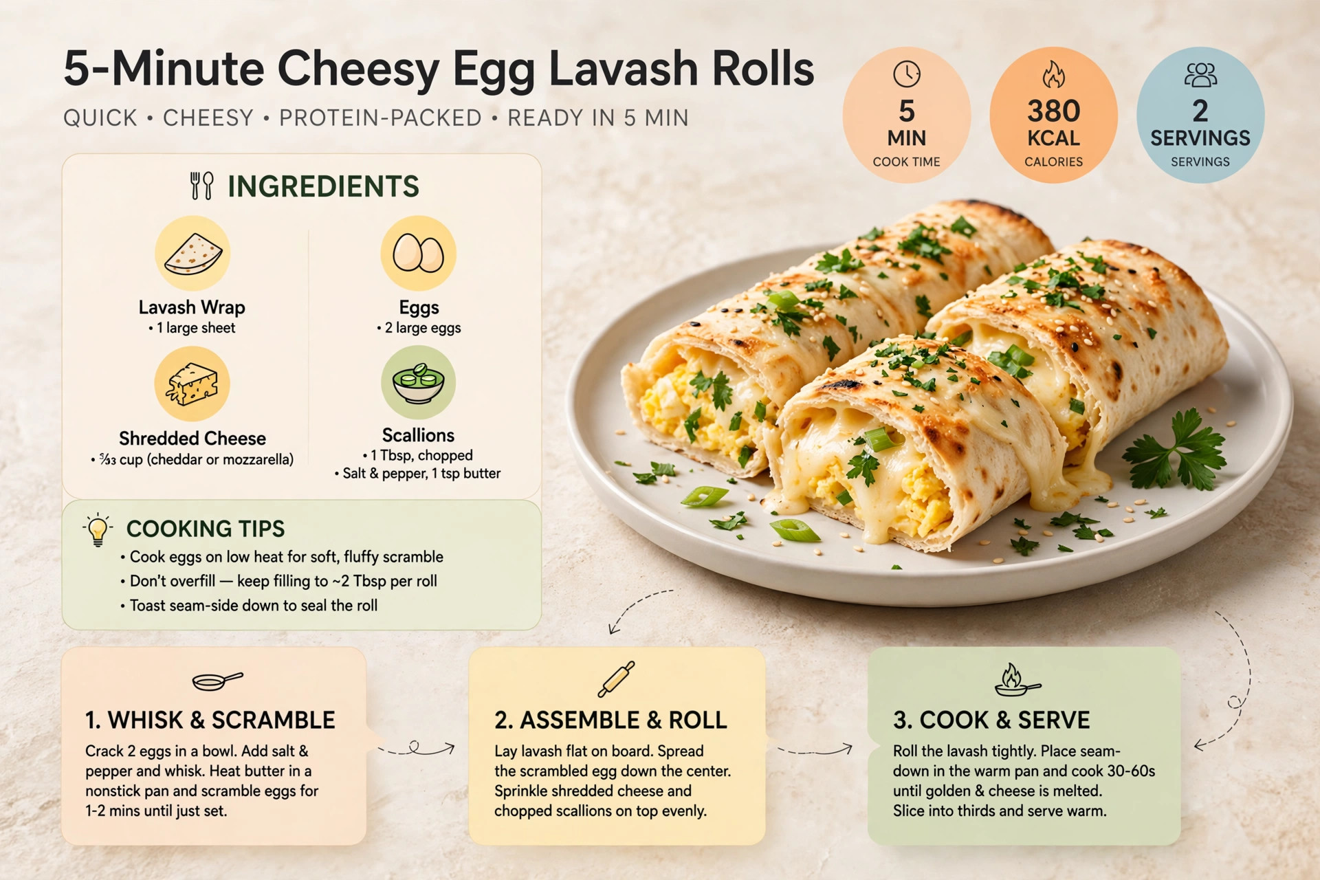 Recipe infographic: 5-Minute Cheesy Egg Lavash Rolls — ingredients and step-by-step visual guide