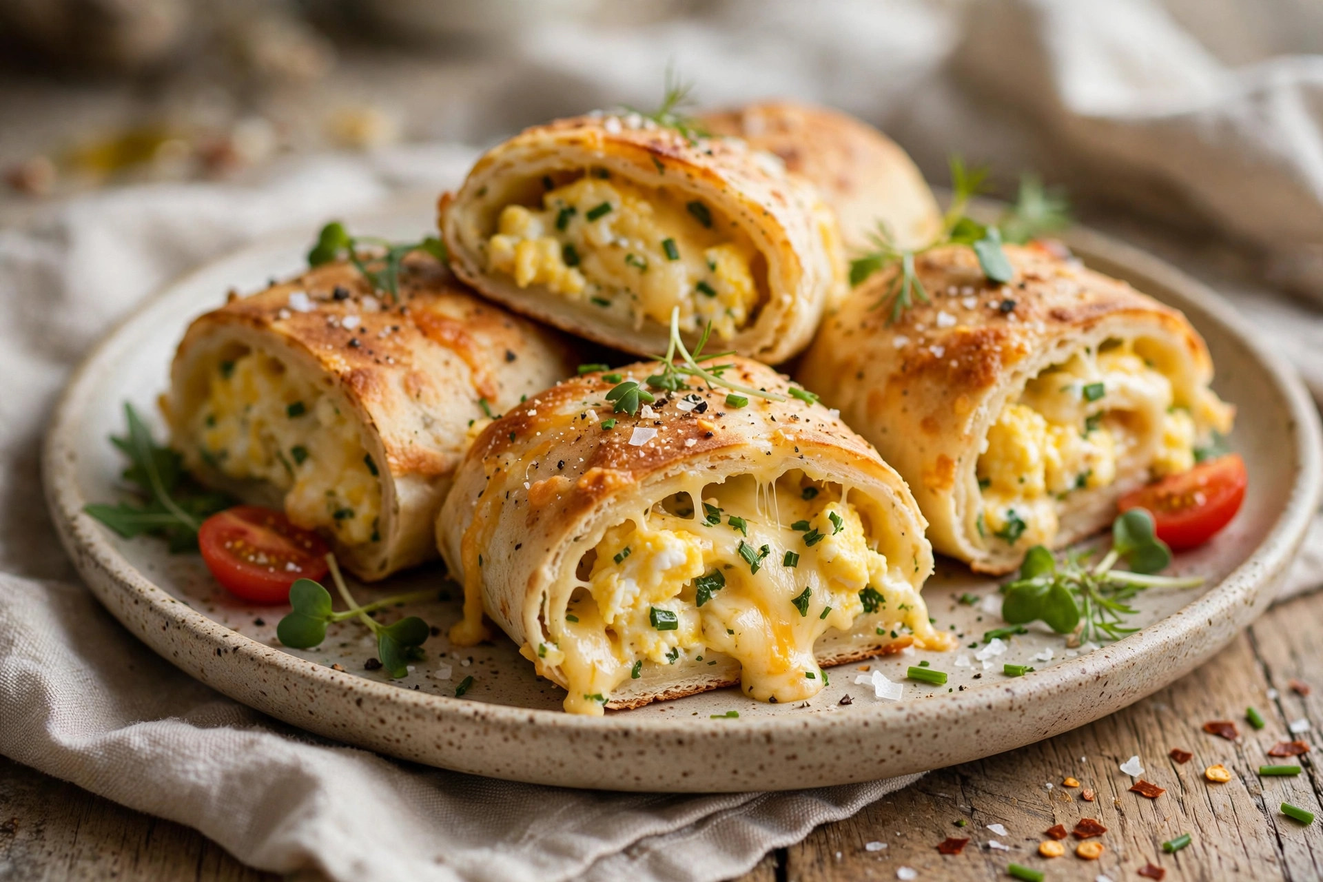 Golden cheesy egg lavash rolls fried in butter, sliced on a plate