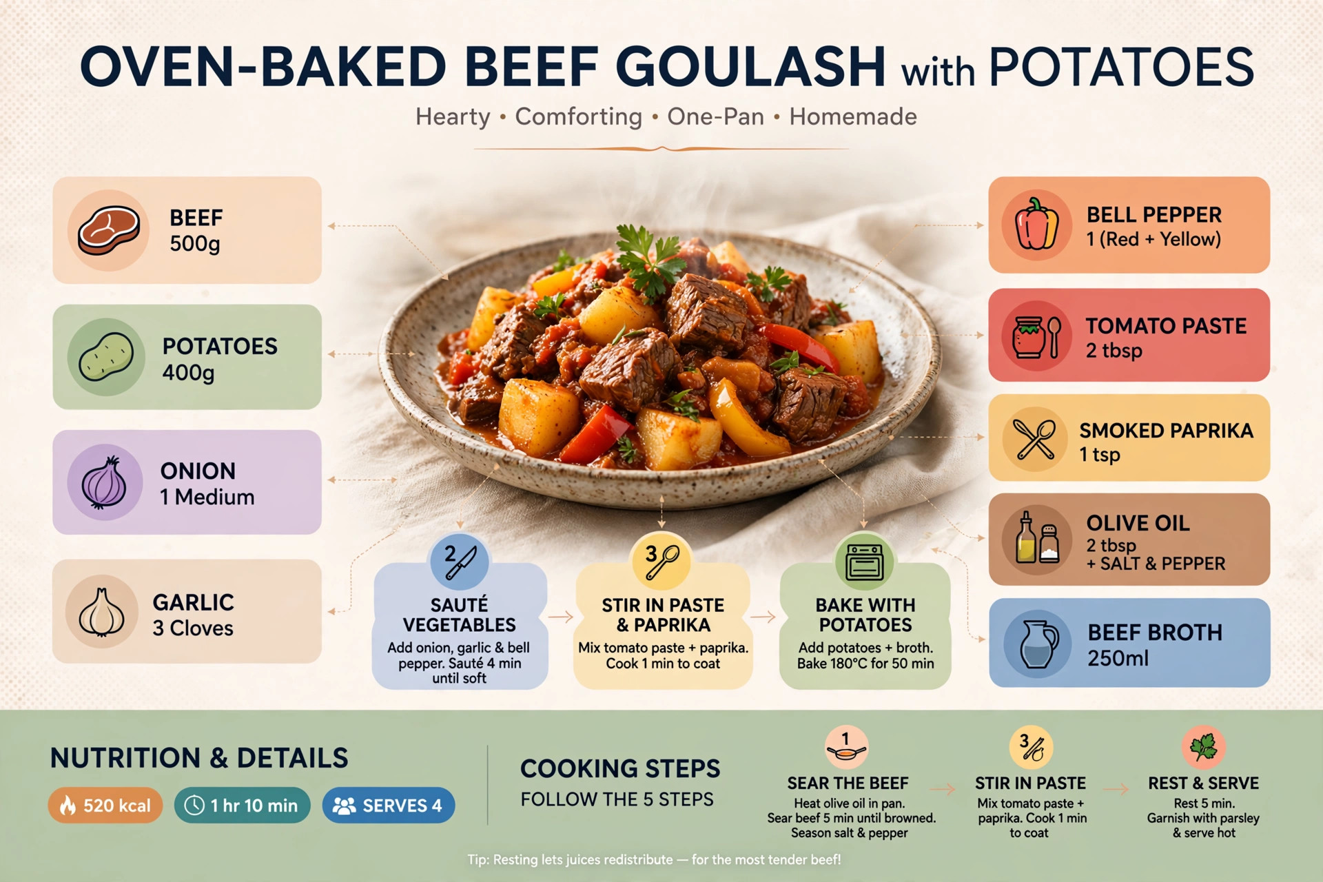 Recipe infographic: Oven-Baked Beef Goulash with Potatoes — ingredients and step-by-step visual guide
