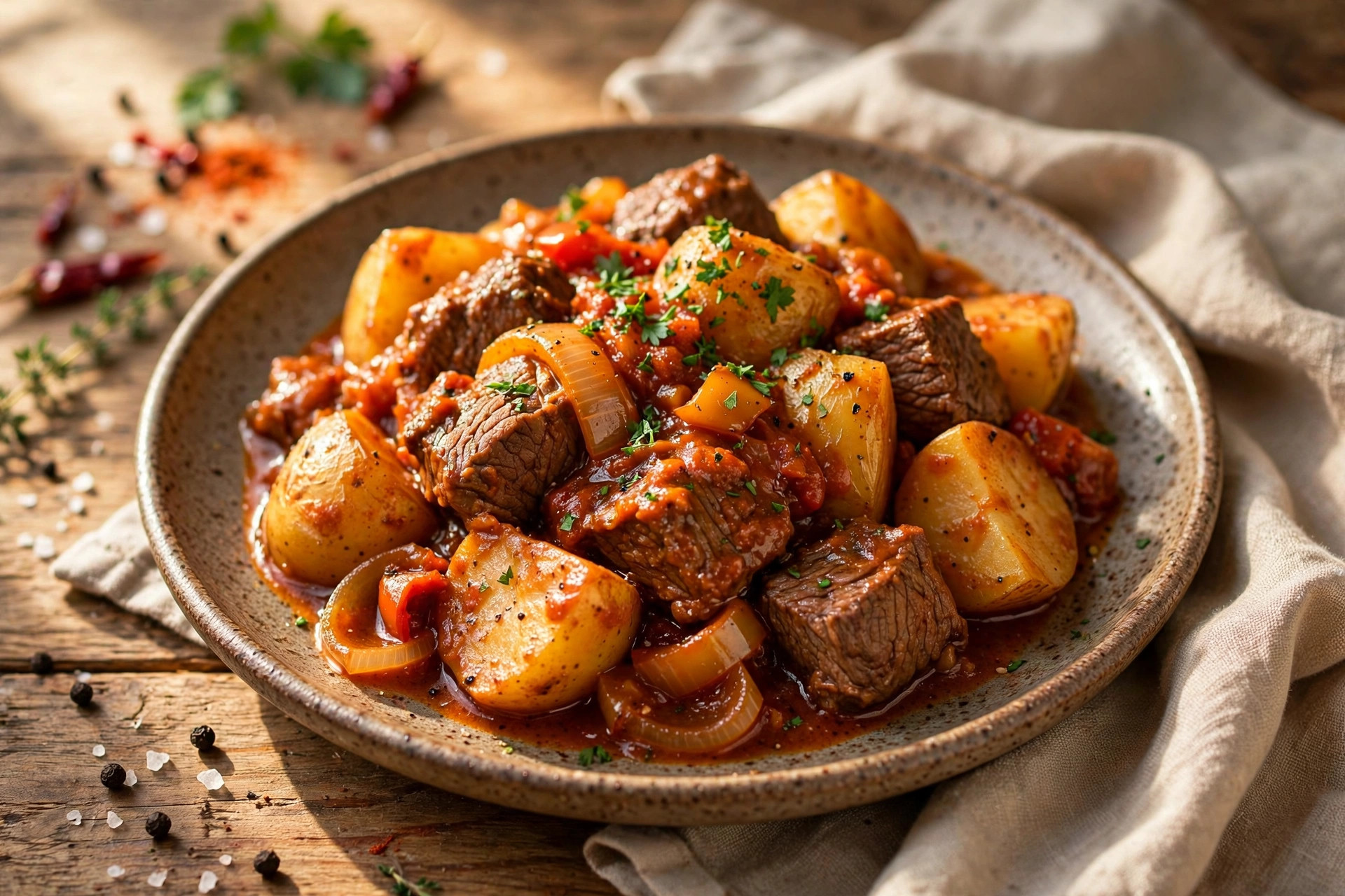Close-up of oven-baked beef goulash with tender beef chunks and golden potatoes in a rich paprika sauce