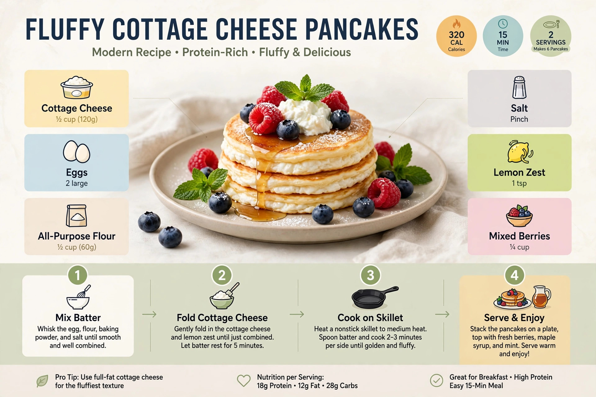 Recipe infographic: Fluffy Cottage Cheese Pancakes — ingredients and step-by-step visual guide