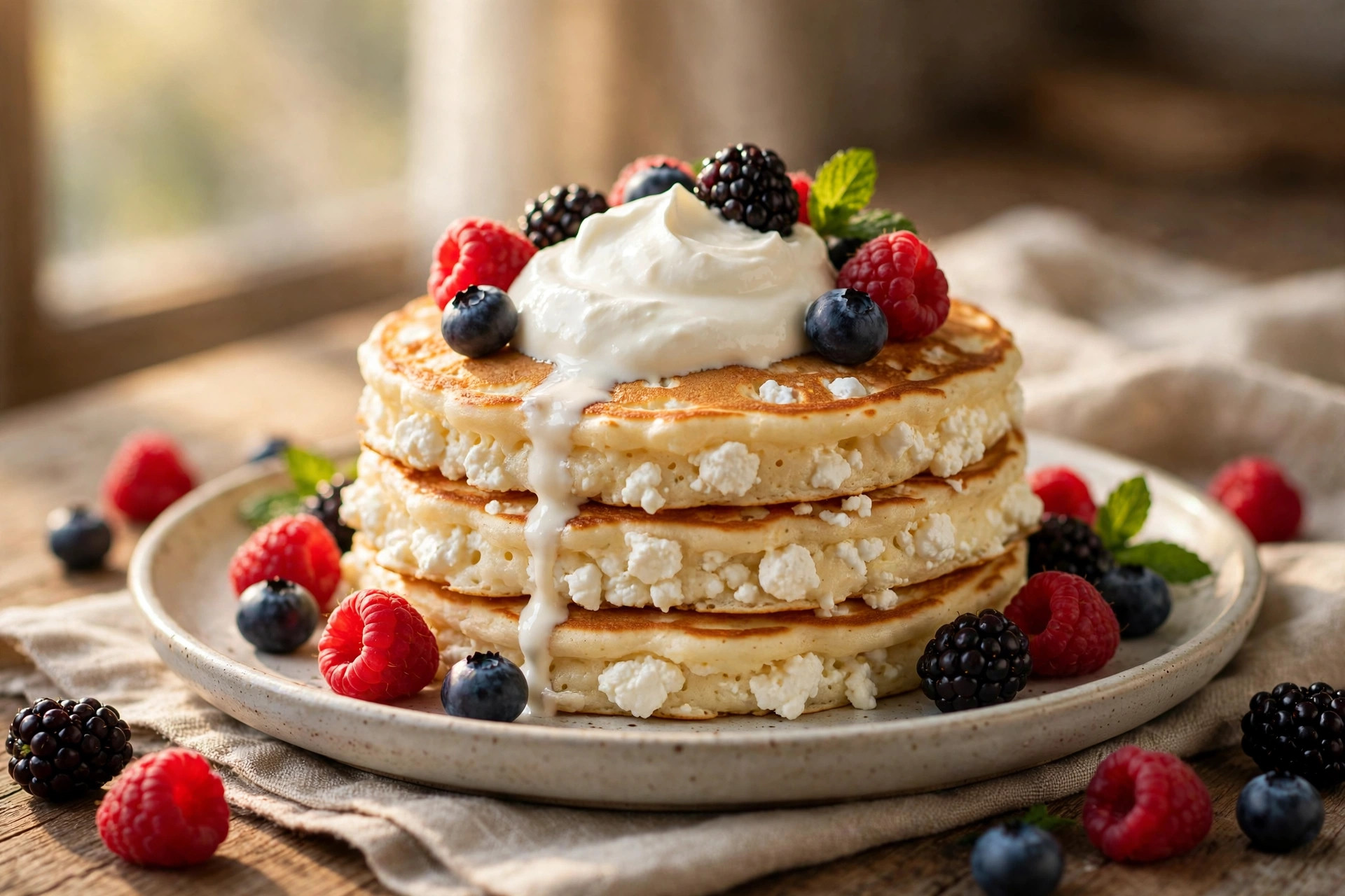 Stack of fluffy golden cottage cheese pancakes topped with sour cream and fresh berries