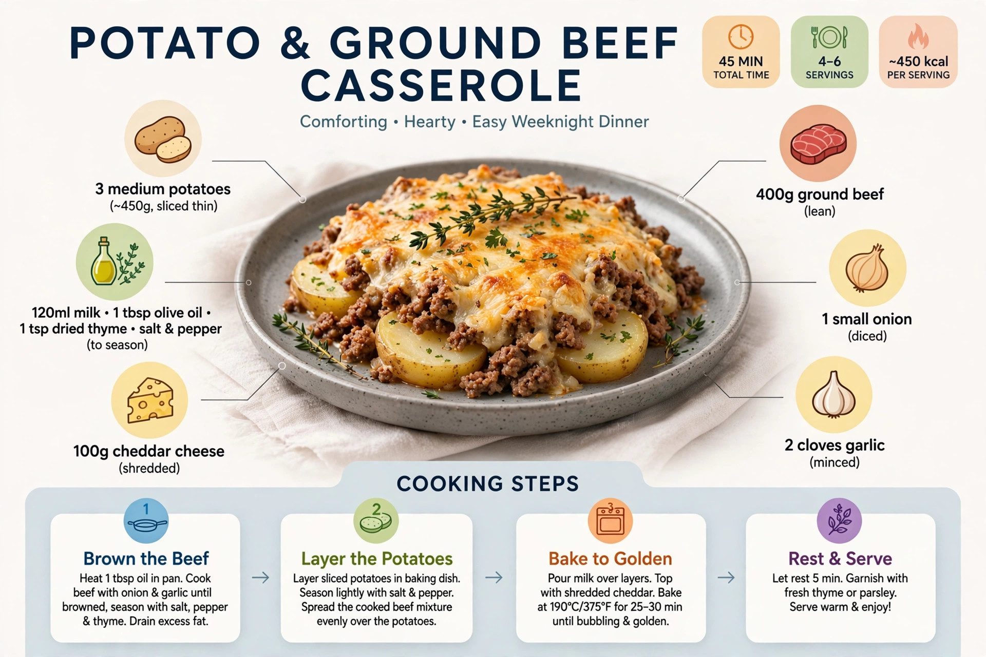 Recipe infographic: Potato and Ground Beef Casserole — ingredients and step-by-step visual guide