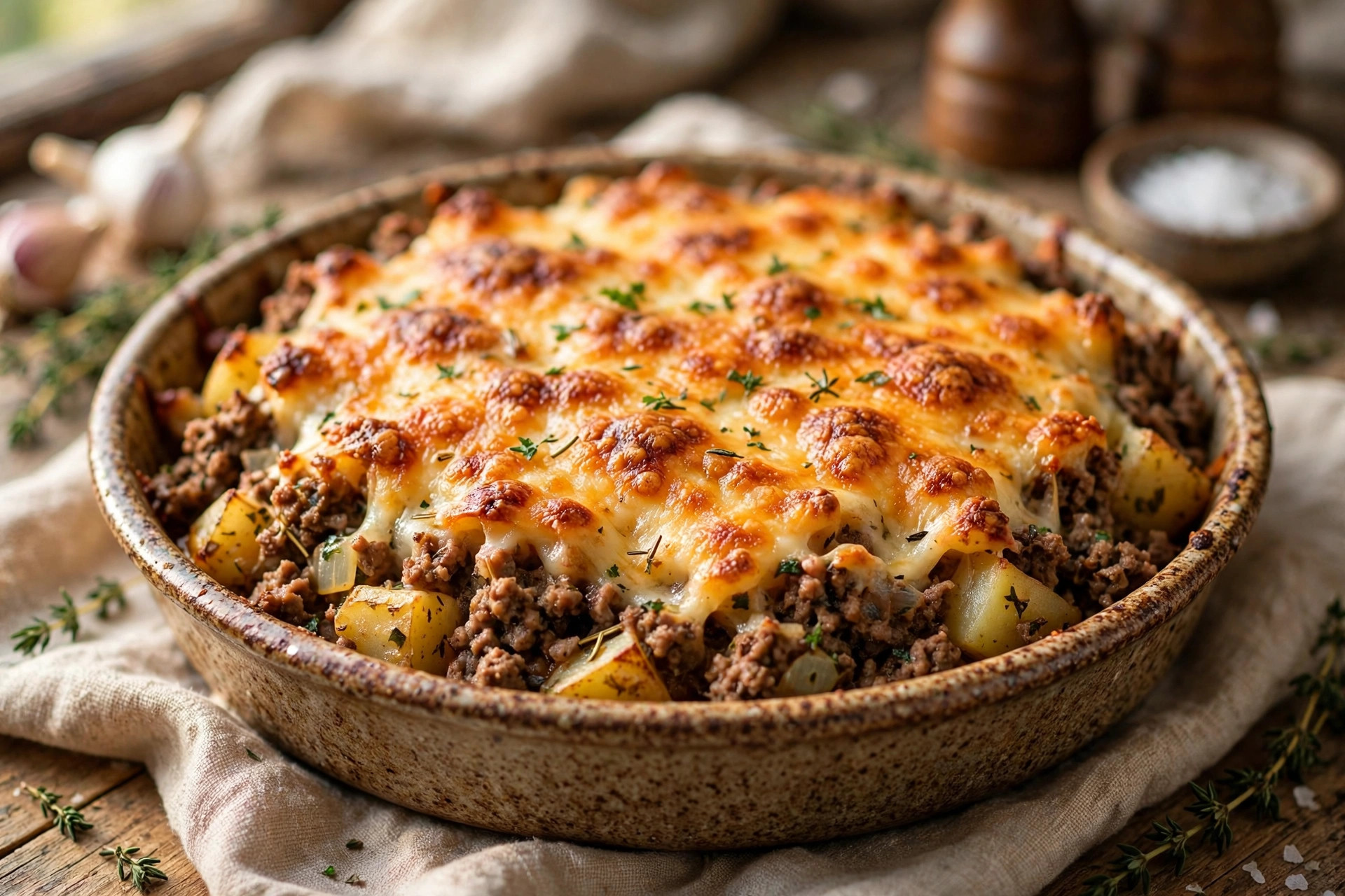 Golden potato and ground beef casserole with melted cheese bubbling in a baking dish