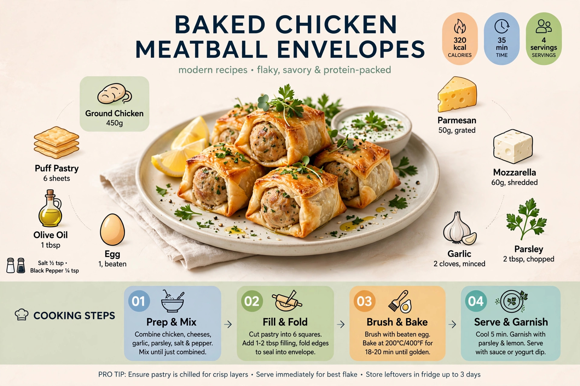 Recipe infographic: Baked Chicken Meatball Envelopes — ingredients and step-by-step visual guide