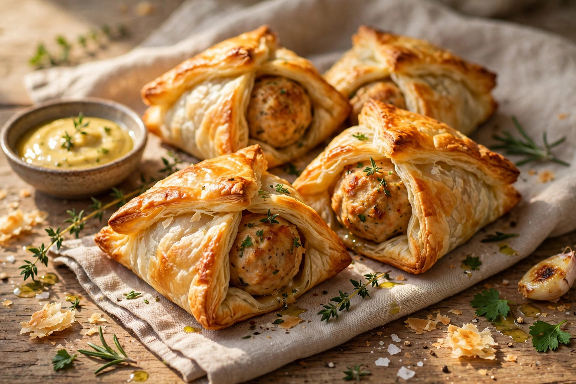 Golden baked chicken meatball envelopes wrapped in flaky puff pastry with sesame seeds