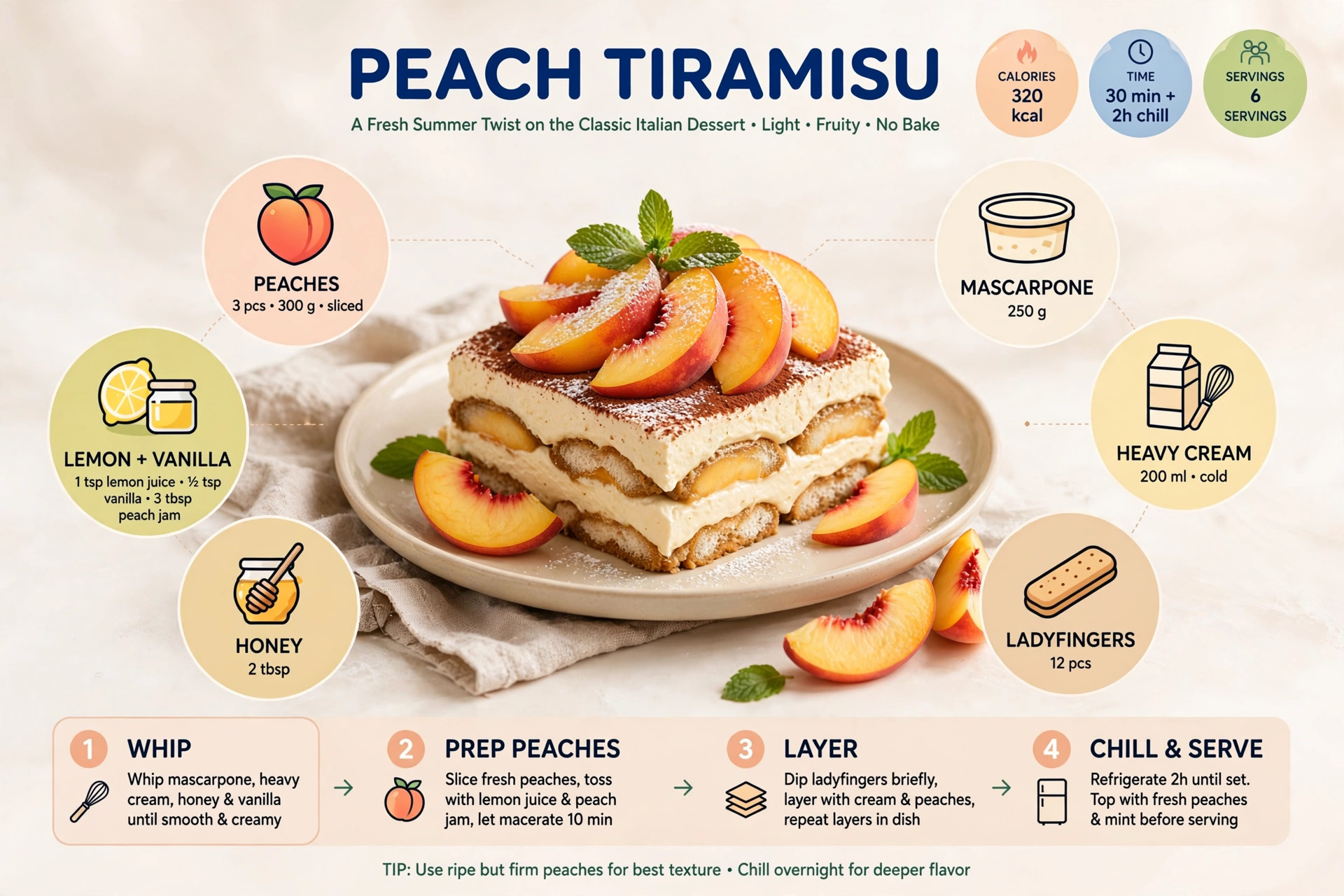 Recipe infographic: Peach Tiramisu — ingredients and step-by-step visual guide