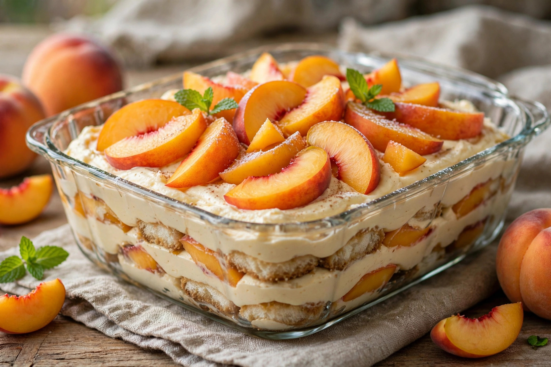 Glass dish of peach tiramisu with mascarpone cream, ladyfingers and fresh peach slices