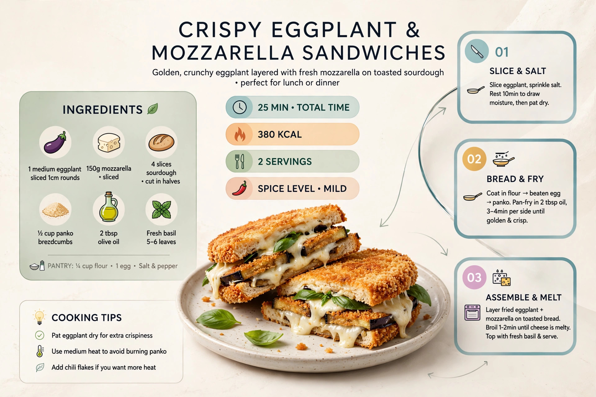 Recipe infographic: Crispy Eggplant and Mozzarella Sandwiches — ingredients and step-by-step visual guide