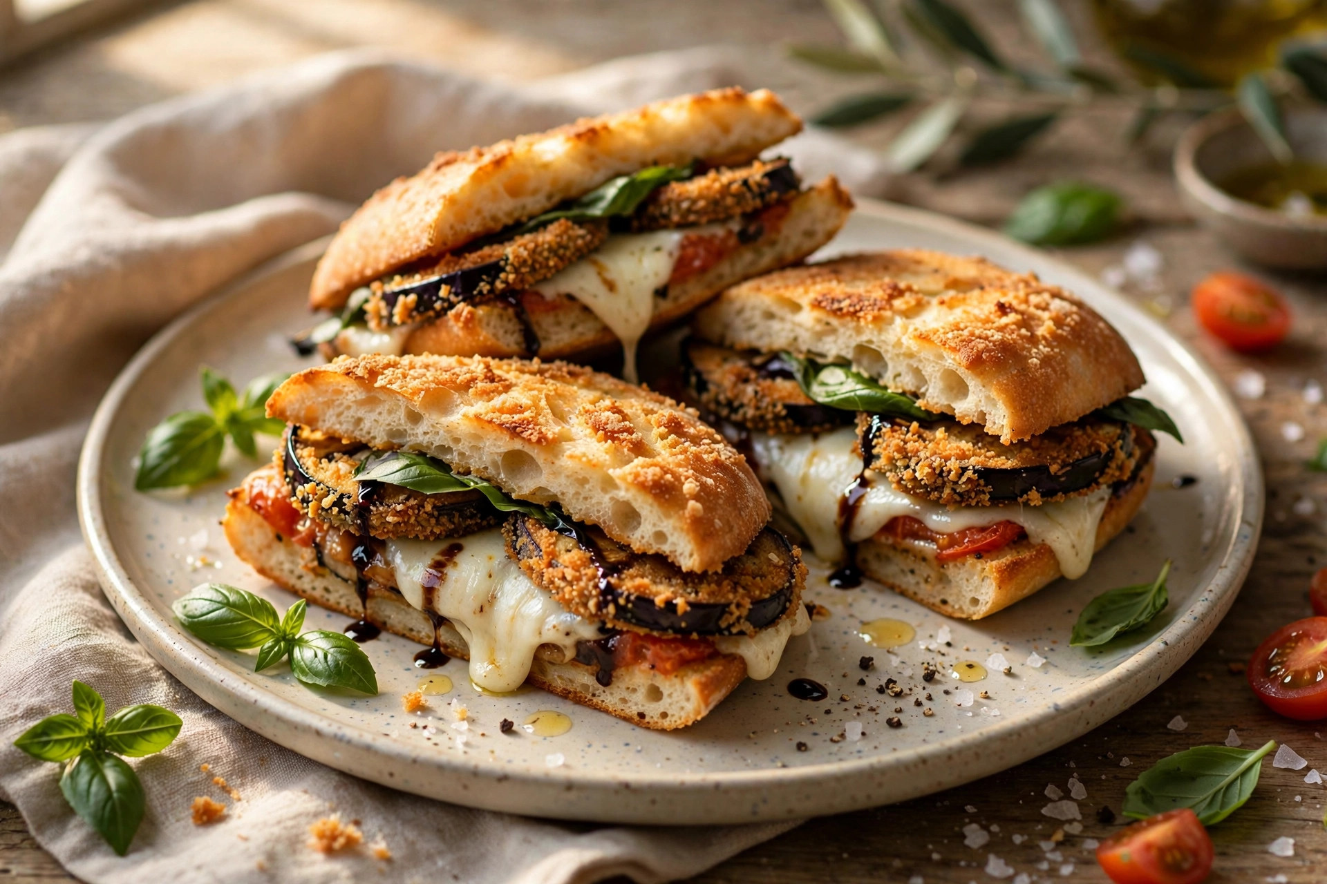Golden crispy eggplant and mozzarella sandwiches stacked on a plate, oozing with melted cheese