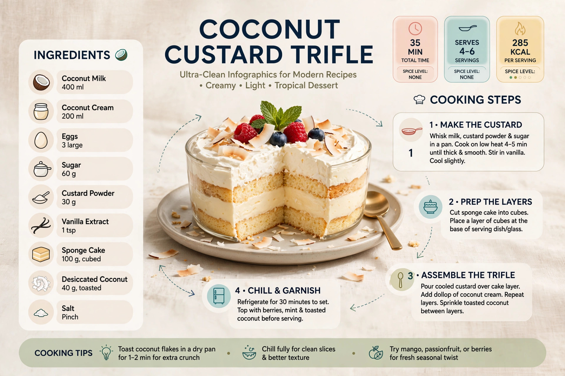 Recipe infographic: Coconut Custard Trifle — ingredients and step-by-step visual guide