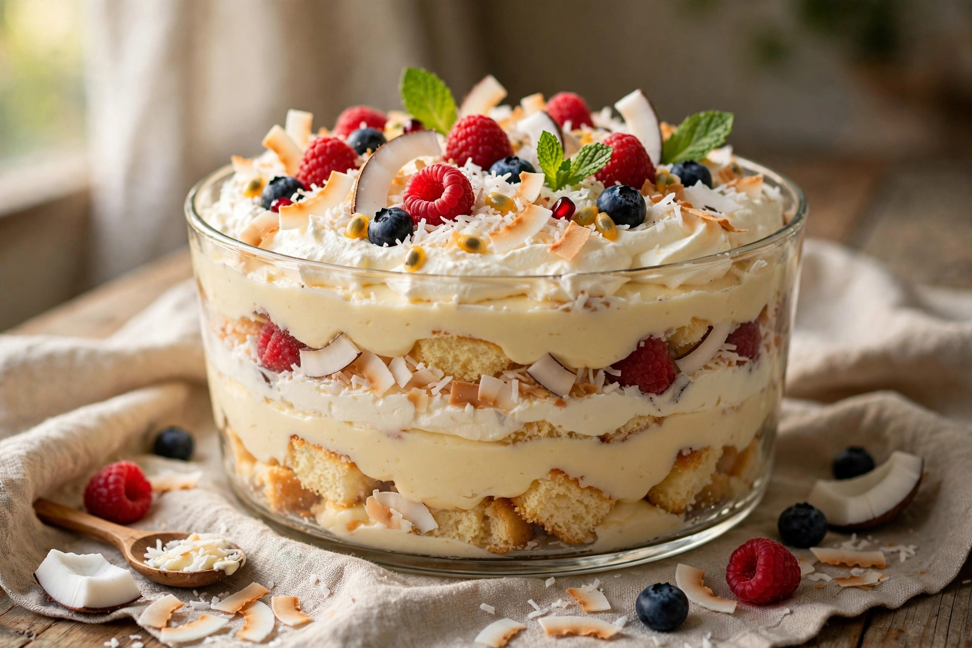 Coconut custard trifle layered in a glass with sponge cubes, creamy custard, and shredded coconut