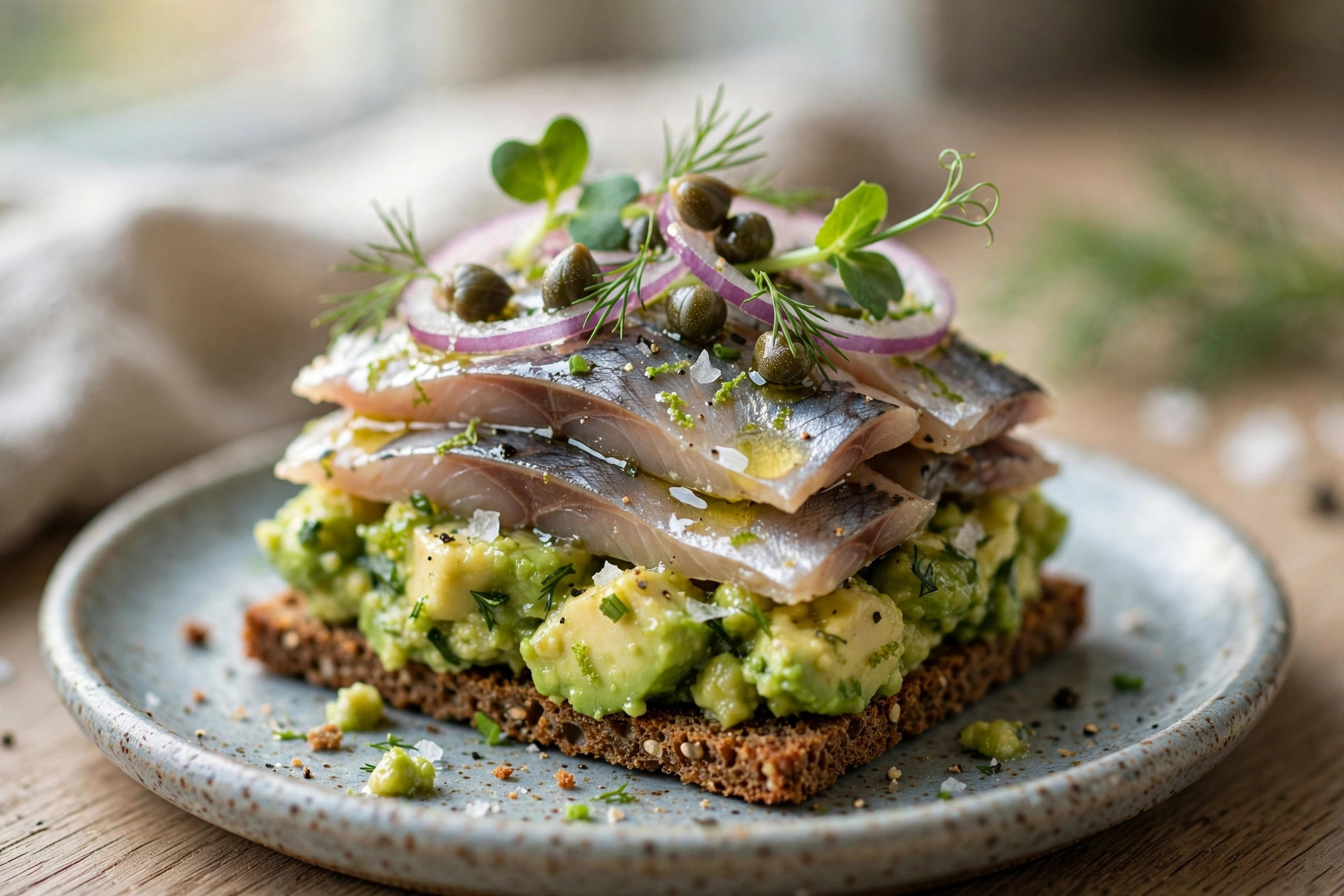 Layering diced herring, tomato, and avocado in a plating ring for the appetizer