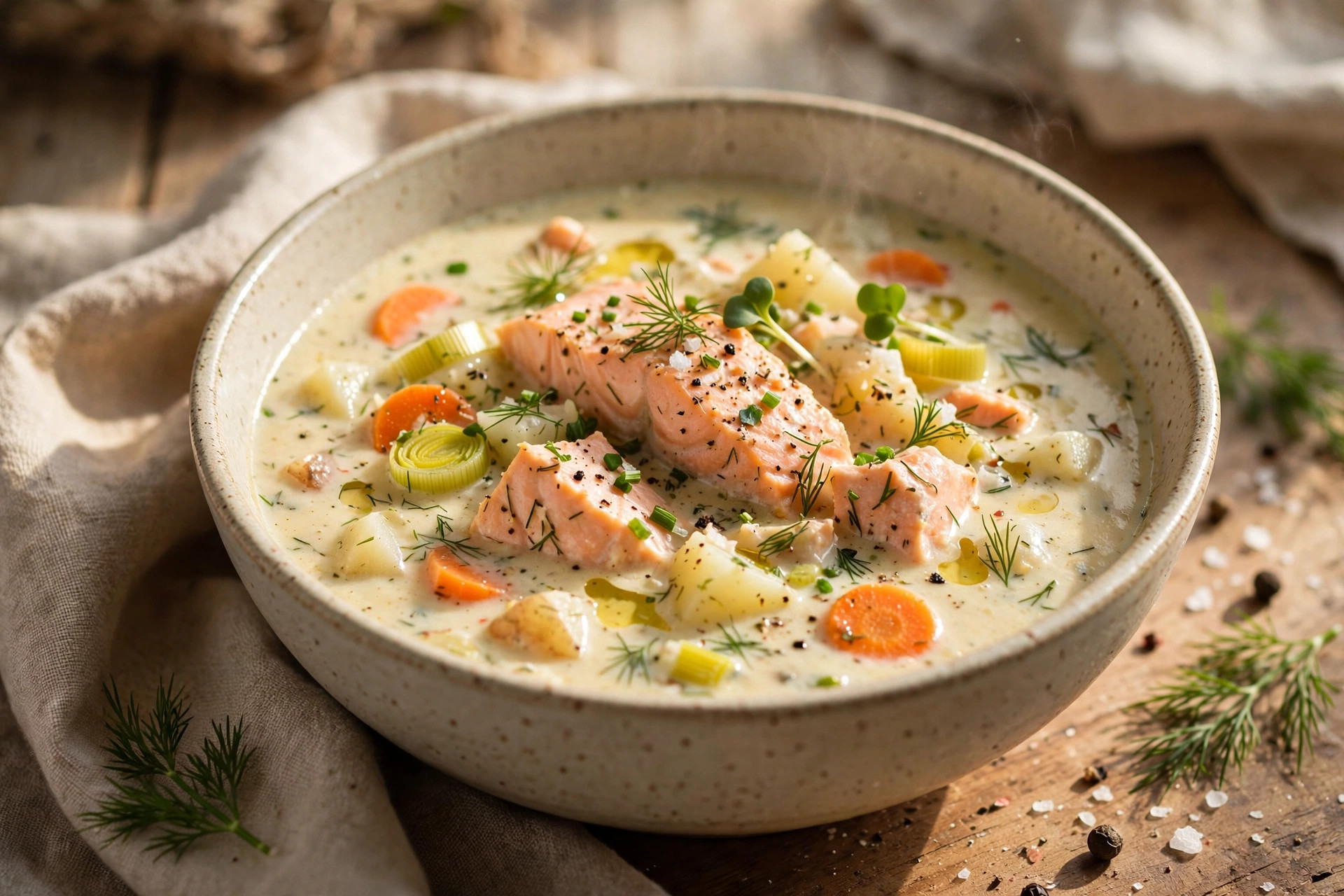 Creamy salmon soup in a bowl topped with quartered egg, fresh dill, and sesame seeds