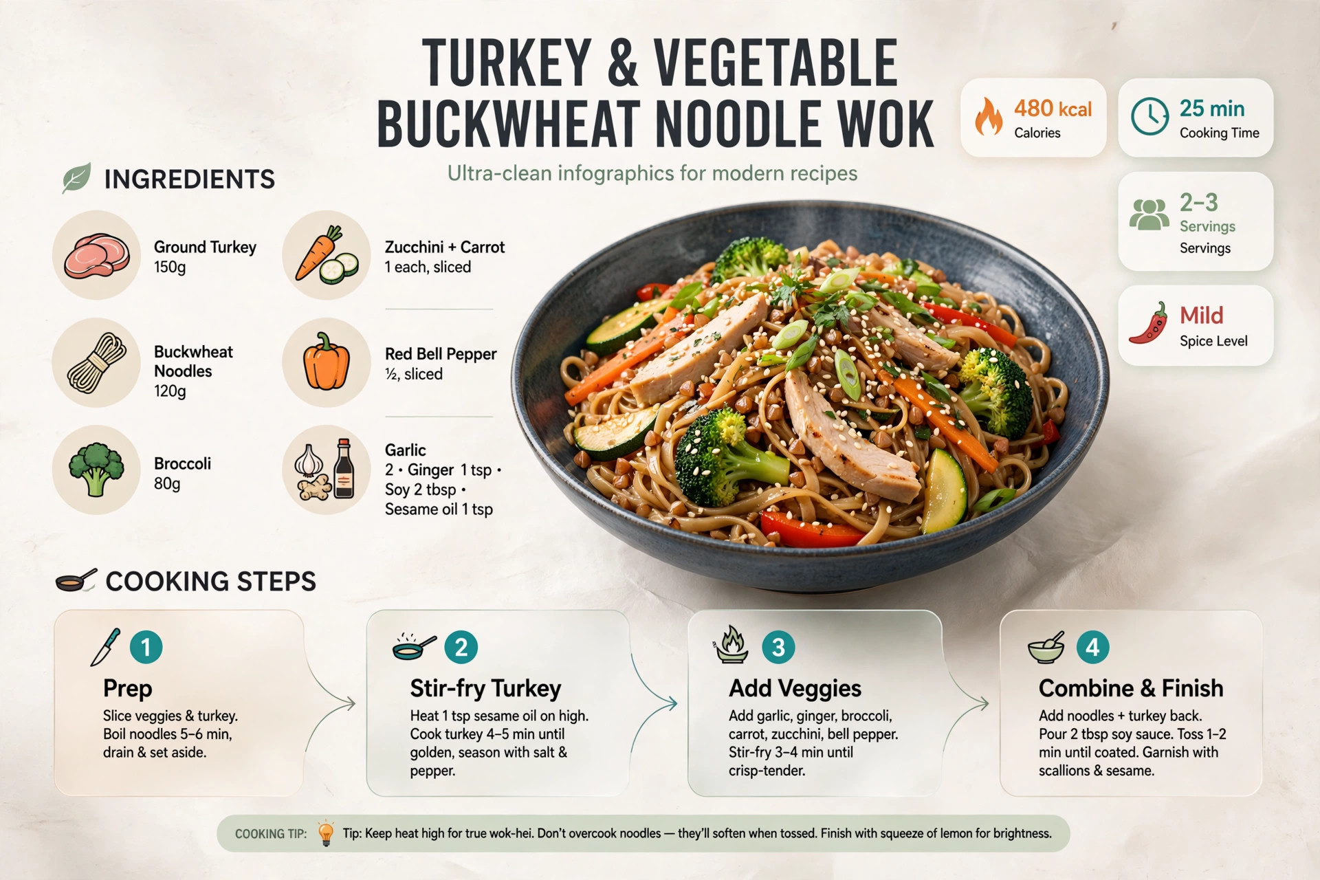 Recipe infographic: Turkey and Vegetable Buckwheat Noodle Wok — ingredients and step-by-step visual guide