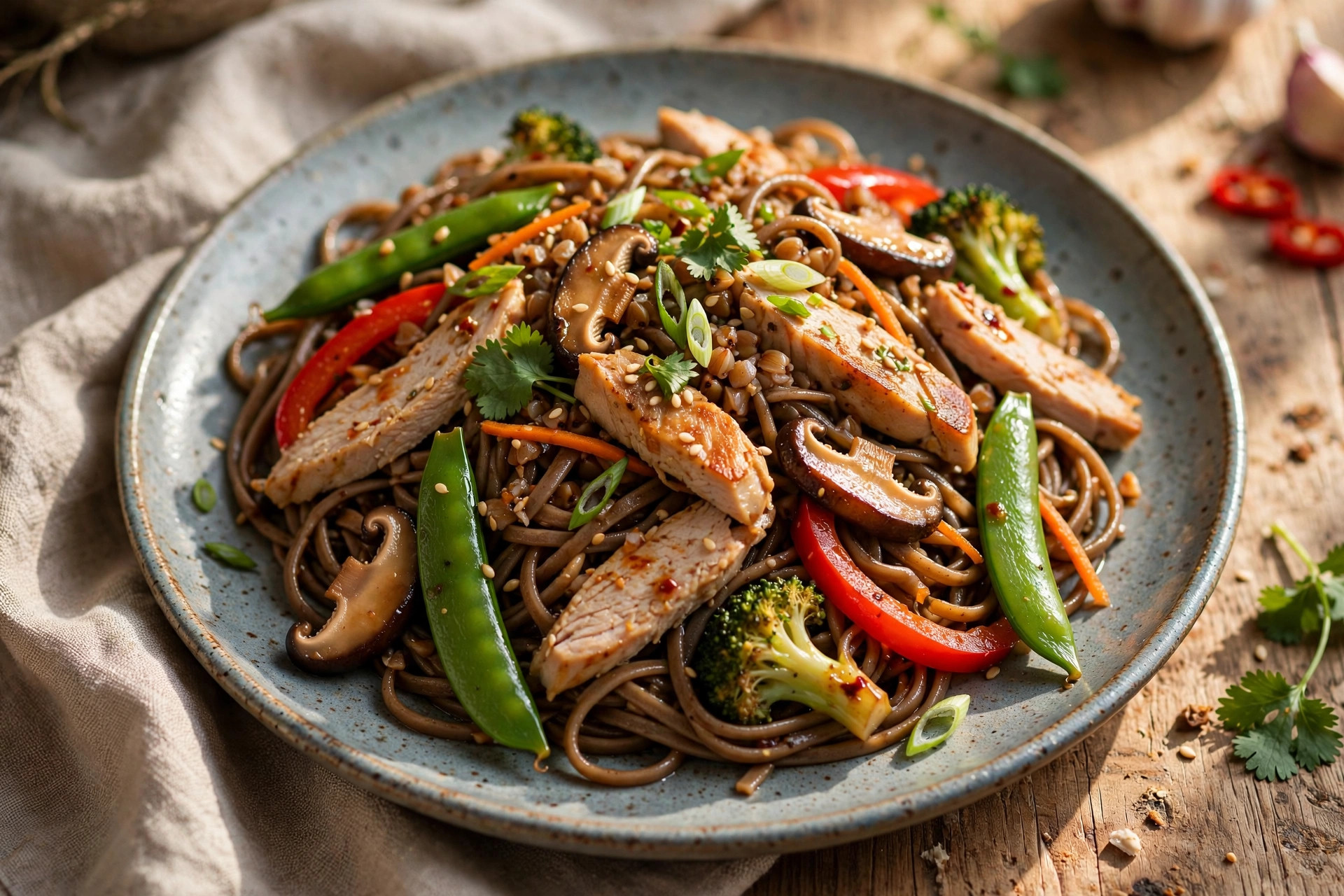 Turkey and vegetable buckwheat noodle stir-fry in a wok, sprinkled with sesame seeds