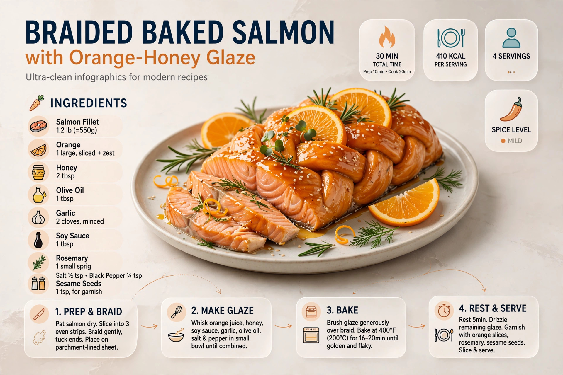 Recipe infographic: Braided Baked Salmon with Orange-Honey Glaze — ingredients and step-by-step visual guide