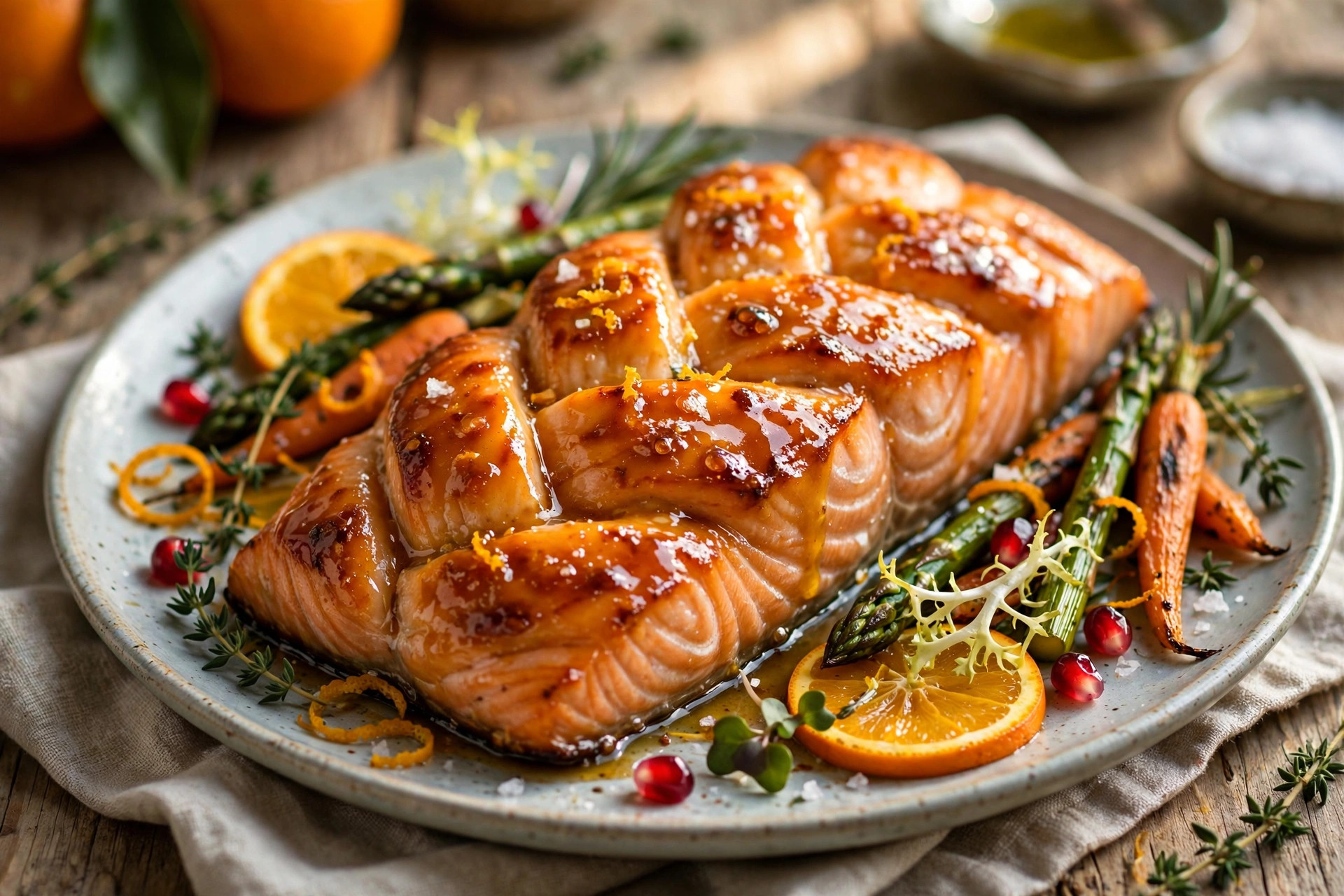 Braided baked salmon with a golden orange-honey glaze, sliced to show the braid
