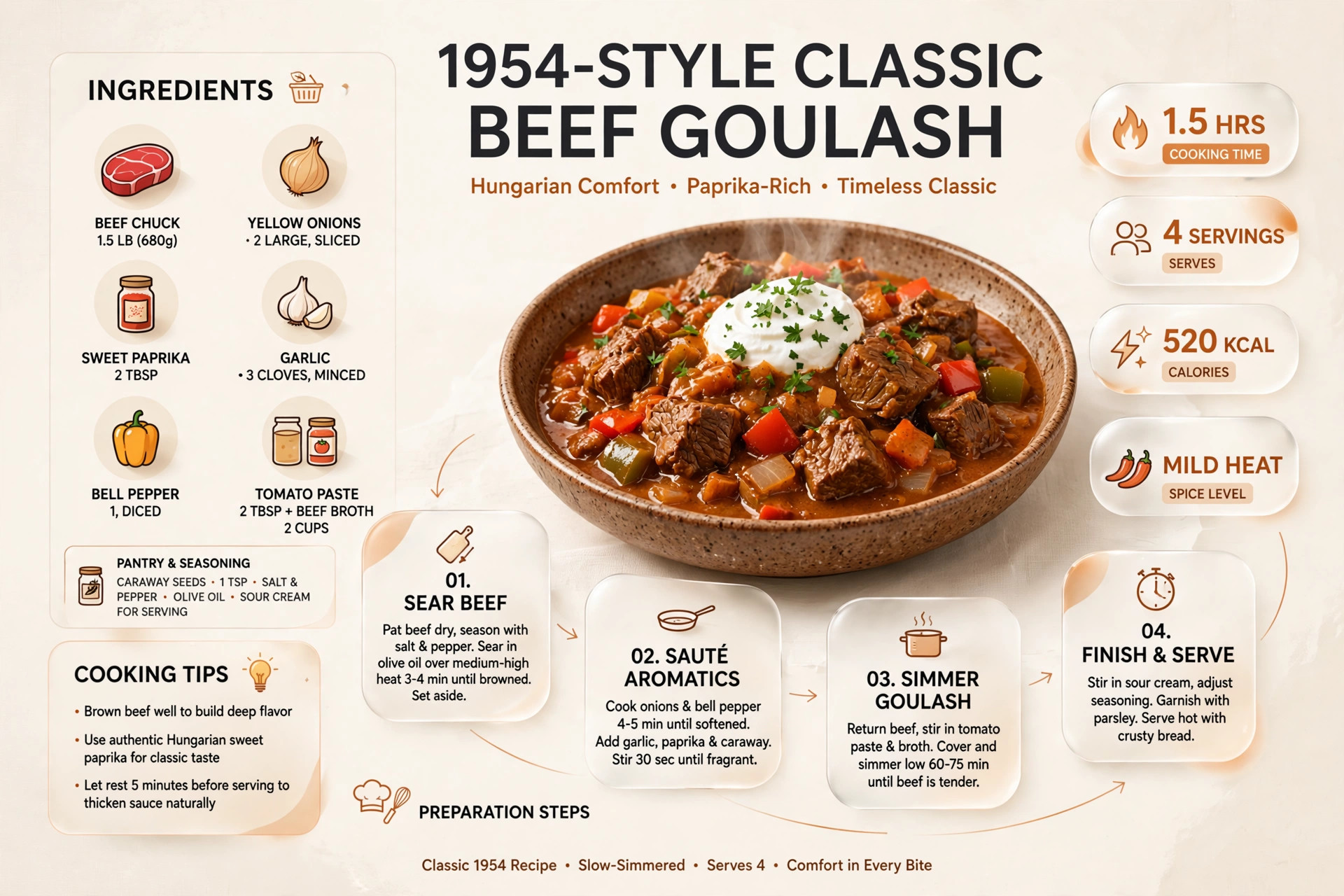 Recipe infographic: 1954-Style Classic Beef Goulash — ingredients and step-by-step visual guide