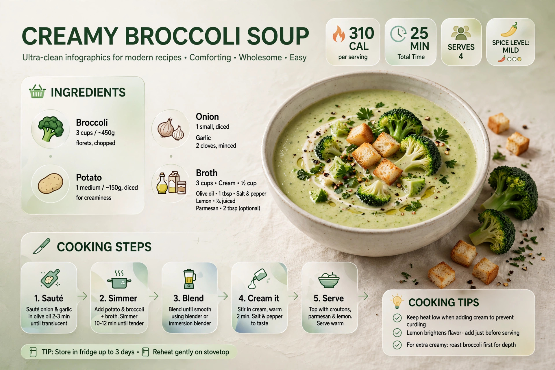Recipe infographic: Creamy Broccoli Soup — ingredients and step-by-step visual guide
