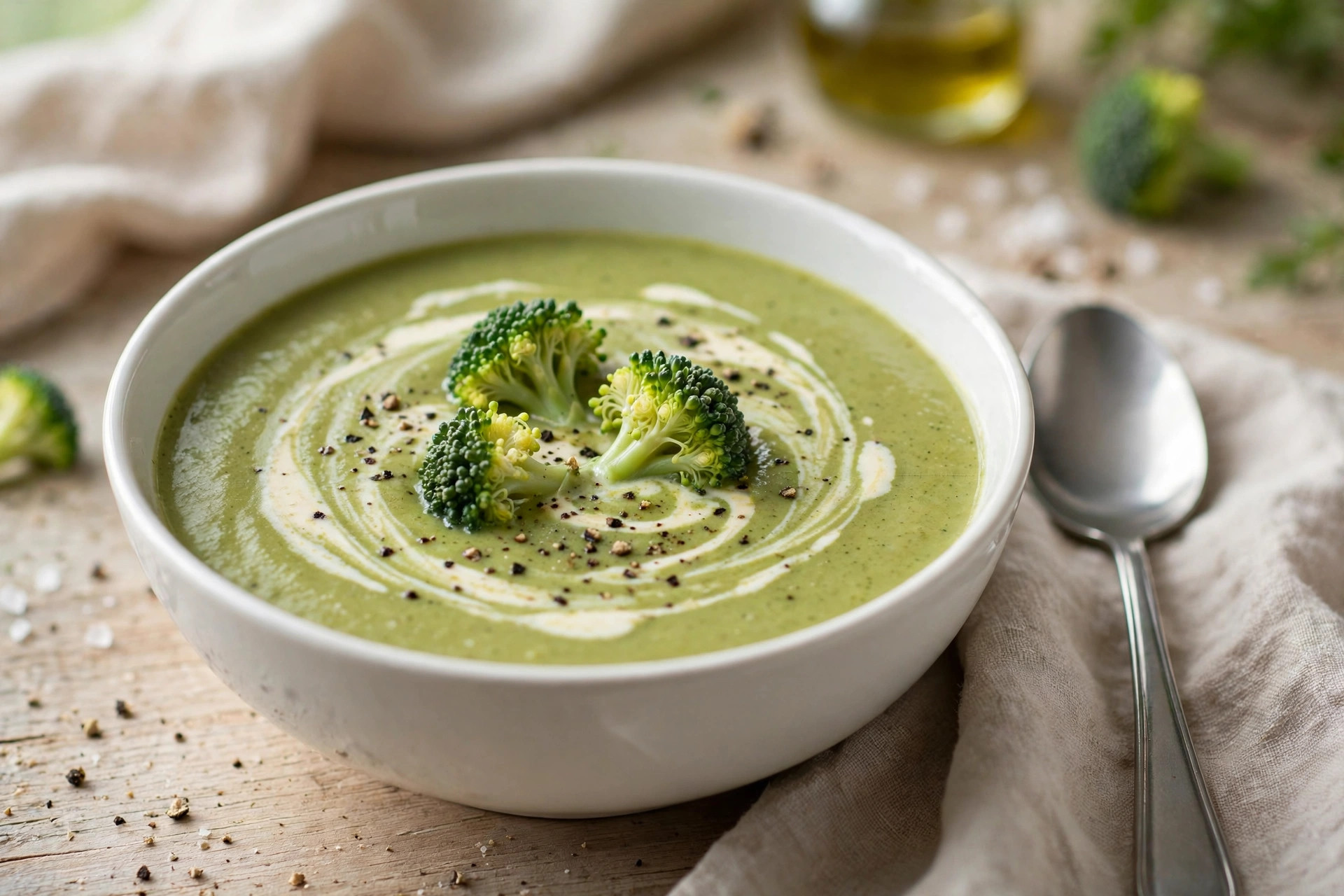 Freshly prepared Creamy Broccoli Soup served and ready
