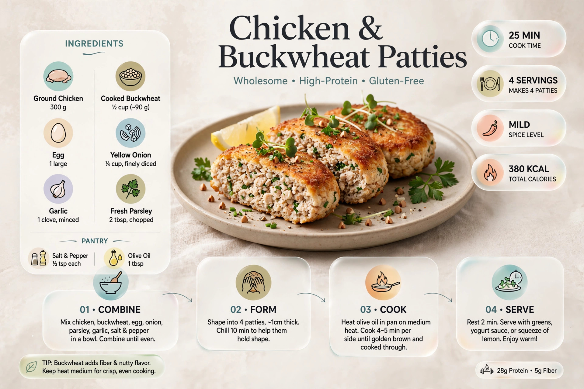 Recipe infographic: Chicken and Buckwheat Patties — ingredients and step-by-step visual guide