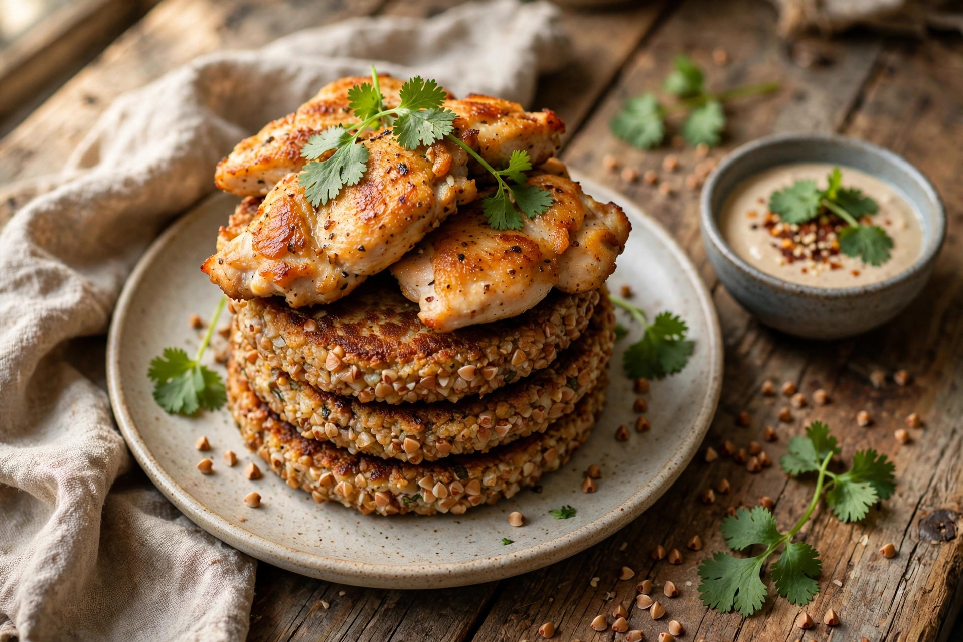 Freshly prepared Chicken and Buckwheat Patties served and ready