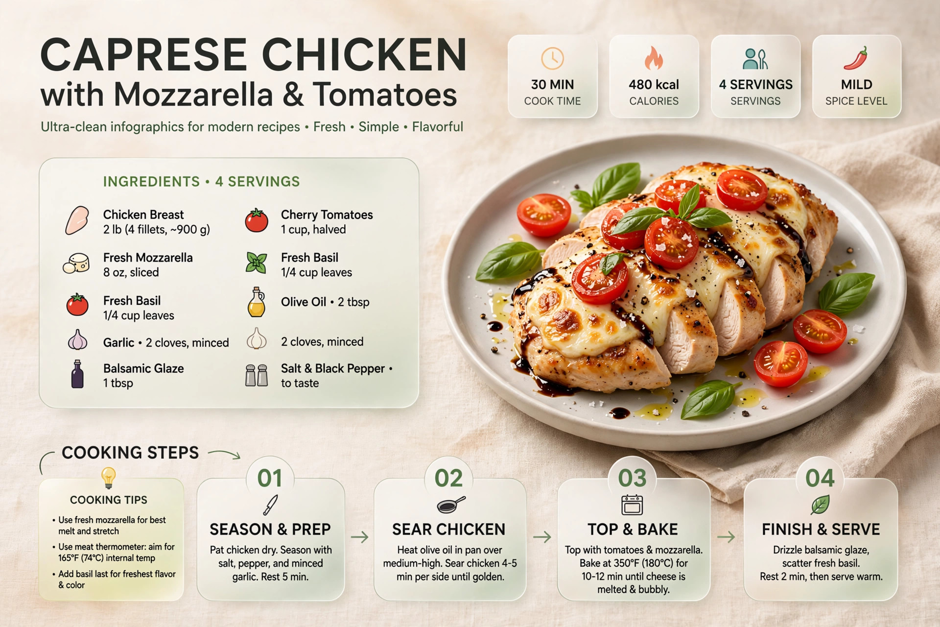 Recipe infographic: Caprese Chicken with Mozzarella and Tomatoes — ingredients and step-by-step visual guide