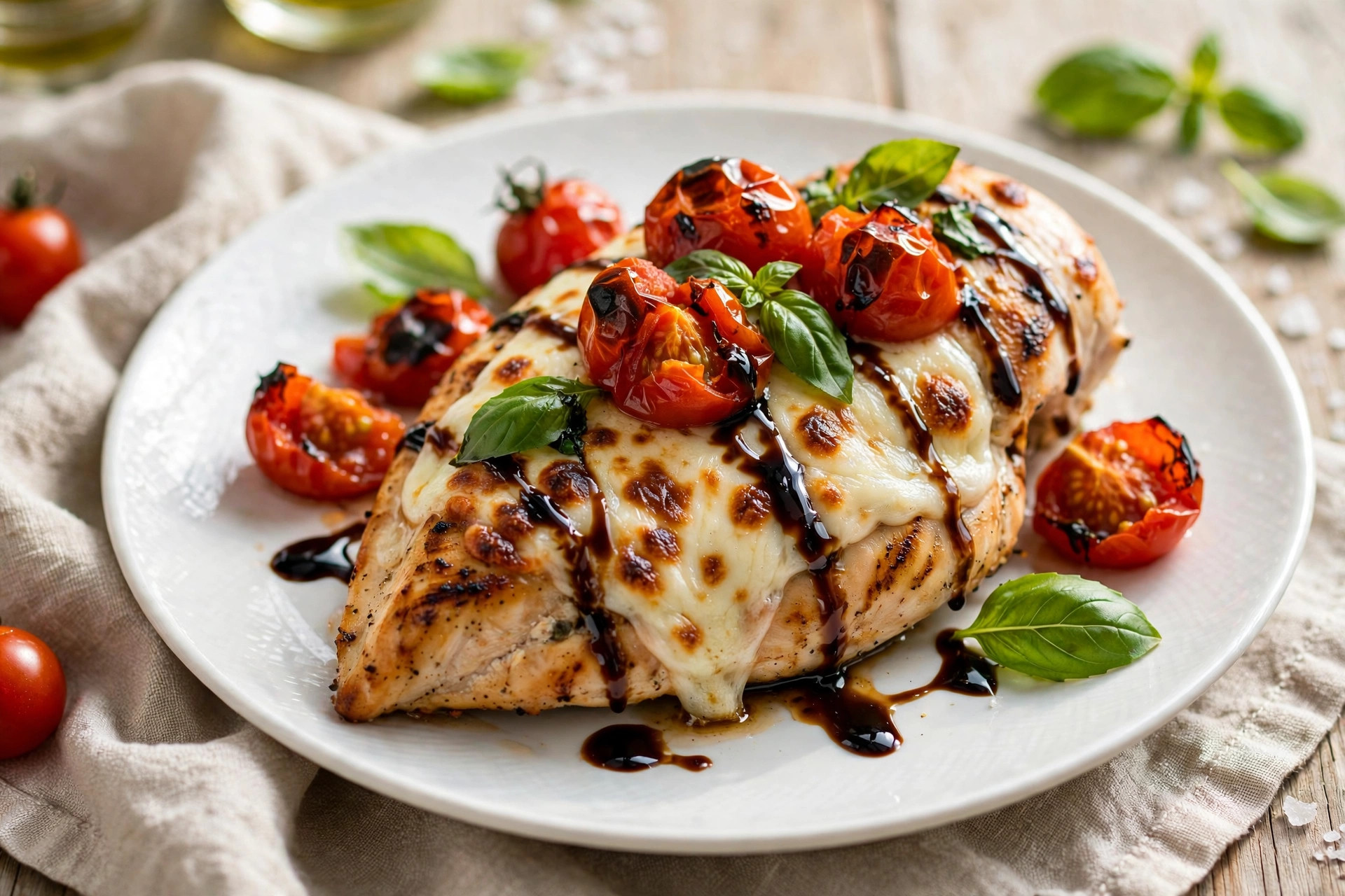 Freshly prepared Caprese Chicken with Mozzarella and Tomatoes served and ready
