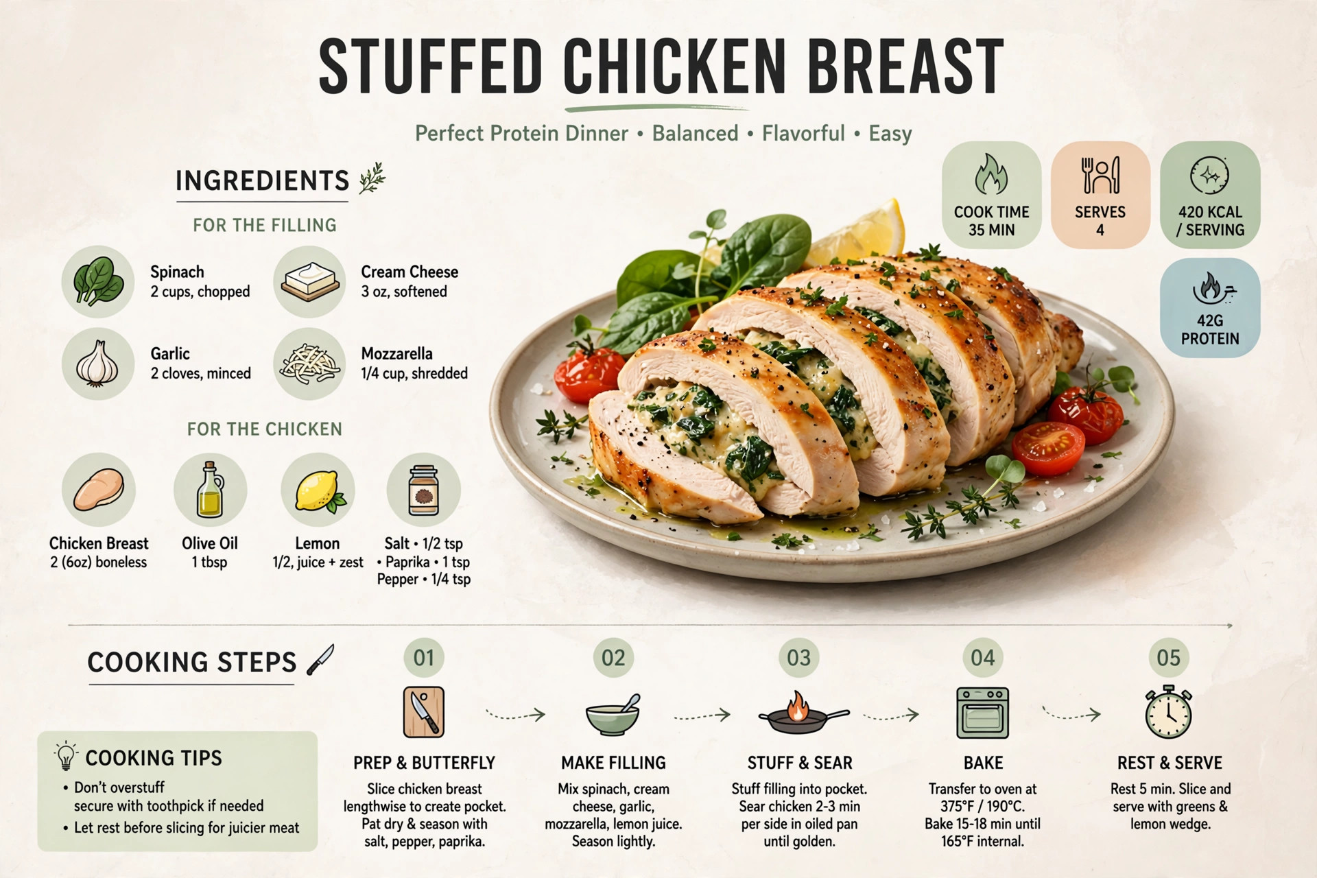 Recipe infographic: Stuffed Chicken Breast - Perfect Protein Dinner — ingredients and step-by-step visual guide