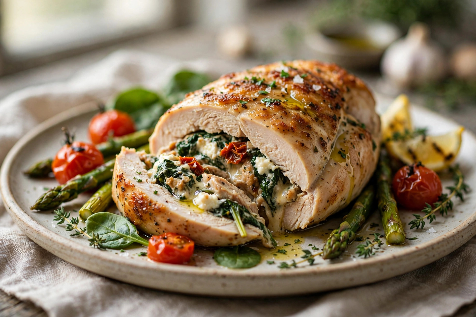 Chicken breast seared in a parchment parcel, stuffed with cream cheese and diced tomato