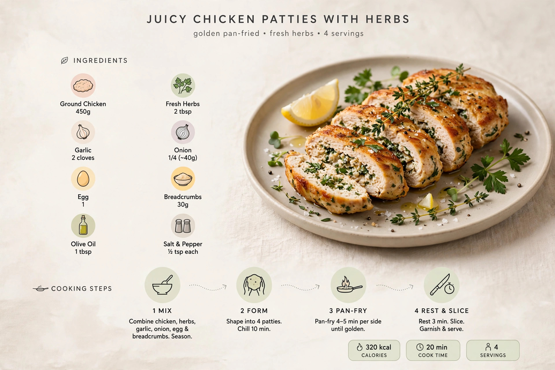 Recipe infographic: Juicy Chicken Patties with Herbs — ingredients and step-by-step visual guide