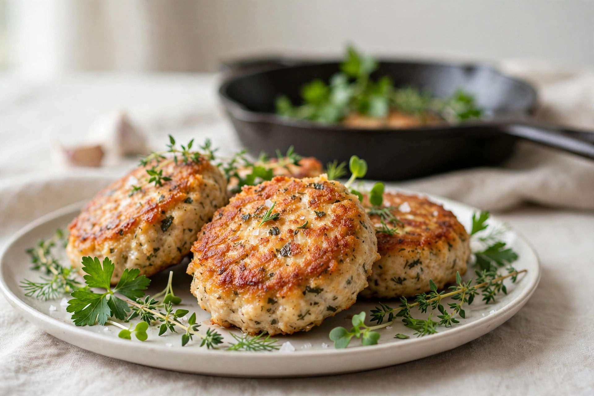 Golden juicy chicken patties with herbs, stacked on a plate