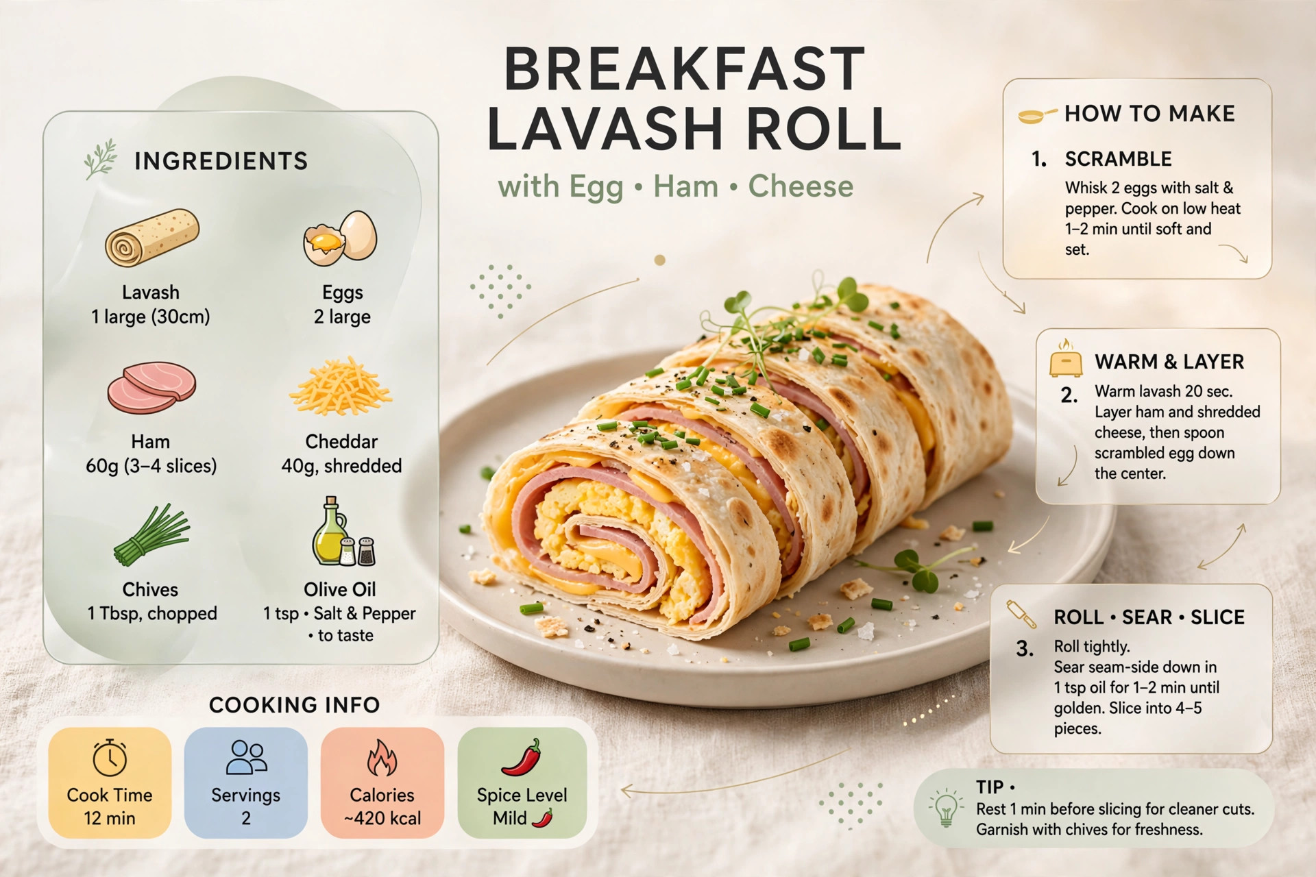 Recipe infographic: Breakfast Lavash Roll with Egg, Ham and Cheese — ingredients and step-by-step visual guide
