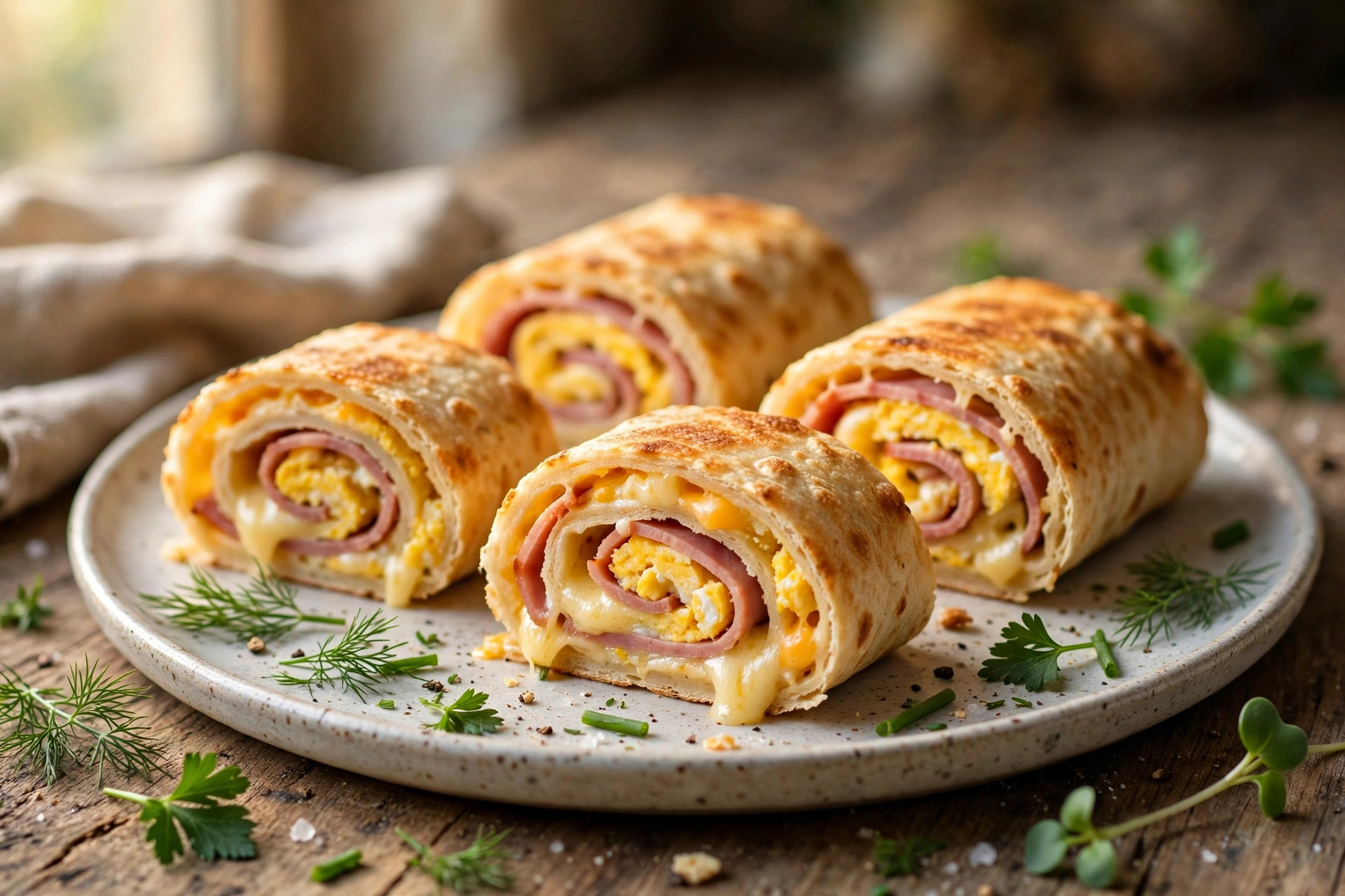 Breakfast lavash roll with egg, ham and cheese, sliced to show the melty filling